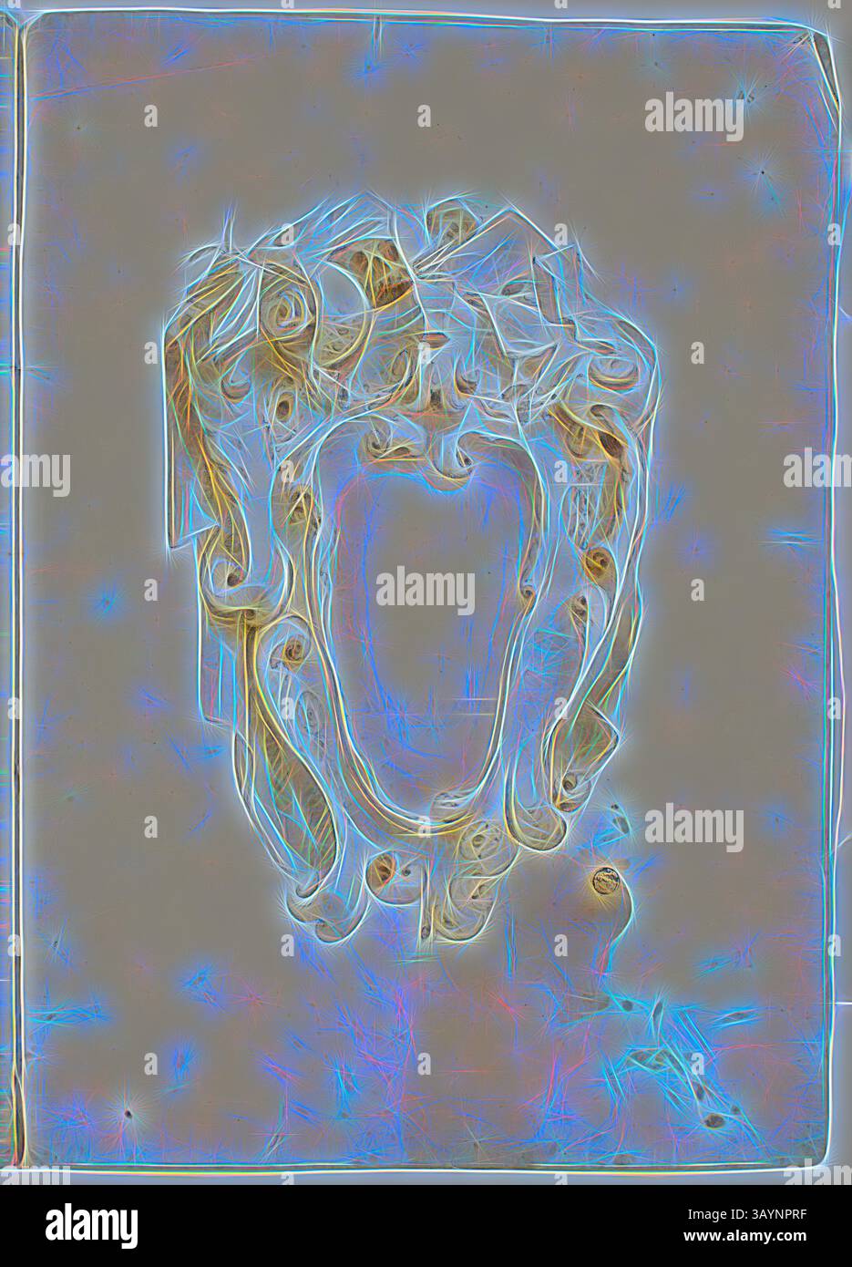 Ein kunstvoller Spiegel mit komplizierten, wirbelnden Designs, umgeben von einem sanften Schein aus leuchtenden Farben, der einen faszinierenden visuellen Effekt erzeugt. Design für Escutcheon, mit Künstlerinstrumenten, n.d., Unbekannter Künstler, möglicherweise Italienisch, Italien, Schwarze Kreide und Pinsel und braune Waschung auf elfenbeinfarbenem Büttenpapier, 405 x 580 mm Klassische Kunst mit einem modernen Twist von Artotop Stockfoto