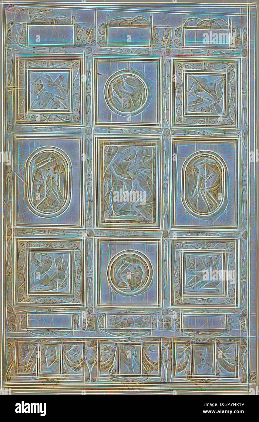 Ein detailliertes, strukturiertes Design mit kunstvollen Panels und komplizierten Mustern, das eine fesselnde und künstlerische Komposition schafft. Studie für eine Deckendekoration, mit Rebecca und Eliezer am Brunnen (Recto), Studie für eine Deckendekoration (verso), 1569/73, Giorgio Vasari, Italienisch, 1511-1574, Italien, Stift und braune Tinte, mit Pinsel und brauner Waschung, auf cremefarbenem Büttenpapier, quadratisch in Graphit und Rotkreide (Recto und Verso), 363 x 237 mm Klassische Kunst mit einem modernen Touch, neu interpretiert von Artotop Stockfoto