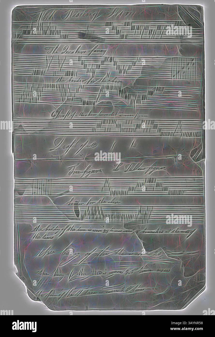 Ein Notenblatt mit komplizierten musikalischen Notationen und handschriftlichen Anmerkungen, das eine Mischung aus Noten, Dynamik und lyrischen Elementen zeigt und einen Moment in der musikalischen Komposition festhält. Book of Woven Coverlet Designs (Entwurf), 1839, Daniel Stephenson (Amerikaner, geboren in England, 1823–1892), USA, Papier, Sepia-Tinte, Volumenmaß: 20,5 x 16,3 x 1,1 cm (8 1/16 x 6 7/16 x 7/16 Zoll) Klassische Kunst mit modernem Touch, neu interpretiert von Artotop Stockfoto