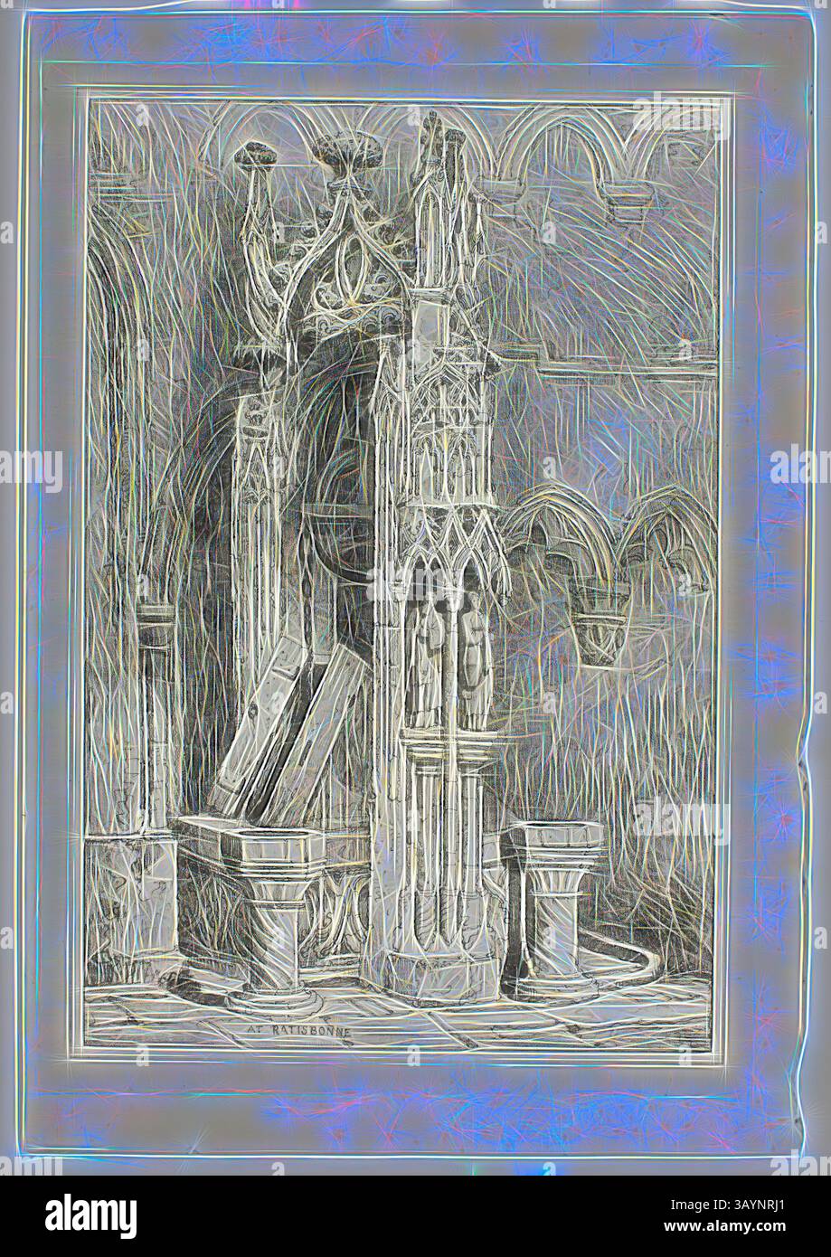 Ein aufwendig gestaltetes architektonisches Merkmal zeigt kunstvolle Skulpturen und detaillierte Schnitzereien vor einem gewölbten Hintergrund. Das Werk hebt eine Mischung aus gotischen Elementen mit aufwändiger Steinarbeit hervor und betont handwerkliches Können und historische Bedeutung. At Rattisbone, 1833, Samuel Prout (englisch, 1783-1852), vermutlich gedruckt von Charles Joseph Hullmandel (englisch, 1789-1850), wahrscheinlich herausgegeben von Rudolph Ackermann (englisch, 1764-1834), England, Lithographie in schwarz auf grau-elfenbeinfarbenem Chine, niedergelegt auf elfenbeinfarbenem Webpapier, 290 x 425 mm (Bild), 310 x 445 mm (Grundträger), 345 x 500 mm Stockfoto