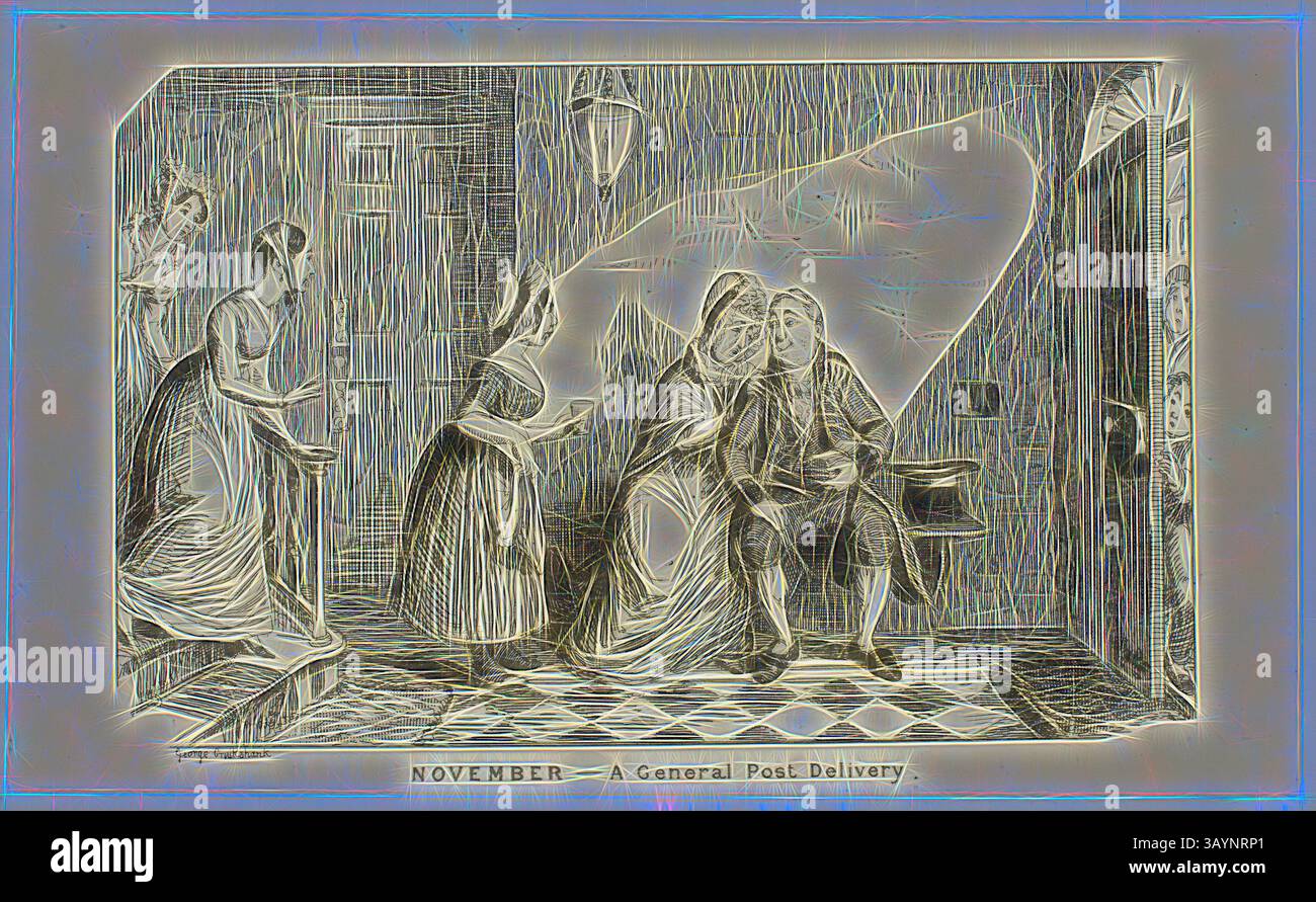 Eine geschäftige Szene, die eine allgemeine Postzustellung im November darstellt, bei der ein Postdienstleister einem Paar einen Brief übergibt, während zwei Frauen von der Seite aus beobachten. Die Einrichtung verfügt über einen gemusterten Boden und eine offene Tür, die auf Wärme und das Wohnen hinweist. November, A General Post Delivery in Opposition von George Cruikshanks Stahlätzungen zu den Comic Almanacks: 1835-1853, 1839, gedruckt um 1880, George Cruikshank (Englisch, 1792-1878), herausgegeben von Pickering & Chatto (englisch, 19. Jahrhundert), England, Stahlätzung in Schwarz auf cremefarbenem Indien-Papier, gelegt auf cremefarbene Karte (Chine collé), 93 x 156 mm Stockfoto