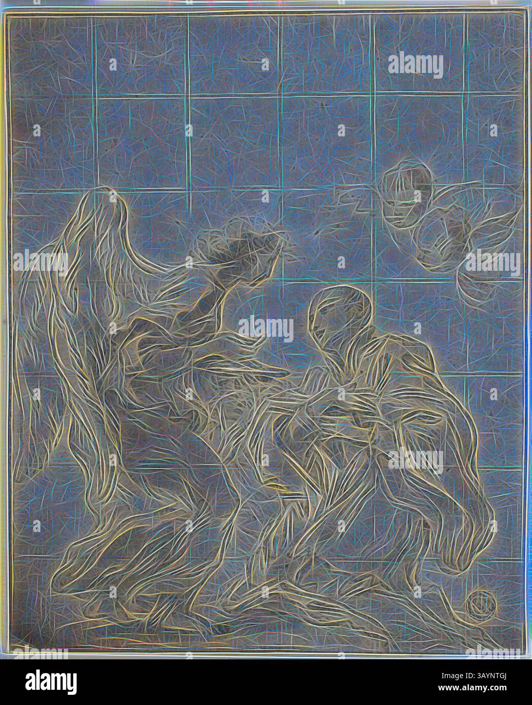 Eine ätherische Szene zeigt zwei Figuren in einem Moment der Interaktion, umgeben von fließenden Linien und abstrakten Formen, die ein Gefühl von Bewegung und Emotionen vermitteln. Die Anwesenheit einer außerweltlichen Entität fügt der Komposition ein mystisches Element hinzu und verstärkt die Erzählung von Verbindung und Transzendenz. Kommunion des Heiligen Stanislaus Kostka, n.d., Kreis von Gian Lorenzo Bernini (italienisch, 1598–1680), oder möglicherweise nach Giovanni Battista Gaulli (italienisch, 1639–1709), oder Giovanni Paolo Schor (österreichisch, 1615–1674), Italien, Stift und schwarze und braune Tinte, mit Pinsel und grauer Waschung, quadratisch in Rot Stockfoto