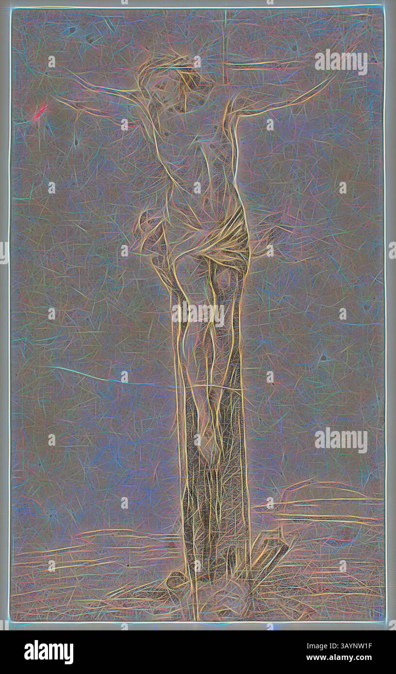 Eine stilisierte Darstellung einer Figur auf einem Kreuz, umgeben von einer ätherischen Mischung aus Farben und Texturen, die ein Gefühl von Tiefe und Bewegung hervorrufen. Die Figur ist mit langen Gliedmaßen und fließenden Kleidungsstücken dargestellt, die ein ergreifendes Gefühl von Opfer und Emotionen vermitteln. Christ on the Cross, n.d., Sebastiano Conca zugeschrieben, italienisch, 1680-1764, Italien, Schwarze Kreide mit Hauch von weißer Kreide, auf braunem Büttenpapier, 397 x 243 mm Klassische Kunst mit modernem Twist von Artotop neu interpretiert Stockfoto