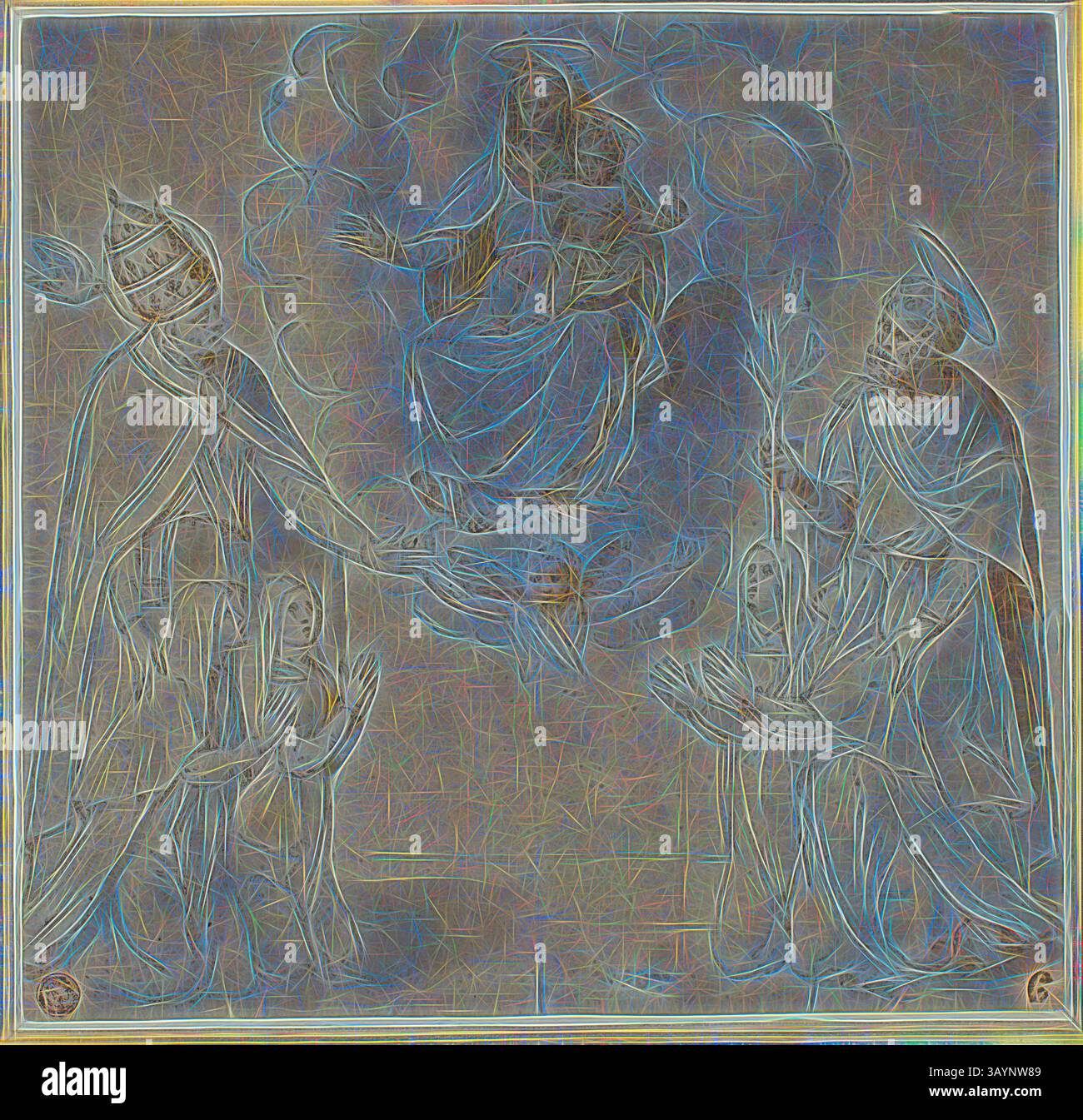Eine himmlische Szene, die eine Figur in einem fließenden Gewand darstellt, die von Wolken und strahlendem Licht umgeben ist. Zwei Figuren unten, verziert mit raffinierten Gewändern, reichen ihre Hände in Ehrfurcht aus, während kleinere Figuren in Anbetung knien und ein Gefühl der Hingabe und göttlicher Gegenwart betonen. Jungfrau und Kind vor den Heiligen Fabianus (oder Gregor dem Großen) und Joseph, 1530/50, unbekannter Künstler, Italienisch, Sienesisch (Anfang/Mitte des 16. Jahrhunderts), Italien, Stift und braune Tinte mit Pinsel und brauner Waschung, über schwarzer Kreide, auf braunem Büttenpapier, zum Transfer einstechen, auf elfenbeinfarbenem Büttenpapier abgelegt, mit Spitze auf Karton, 240 x 249 Stockfoto