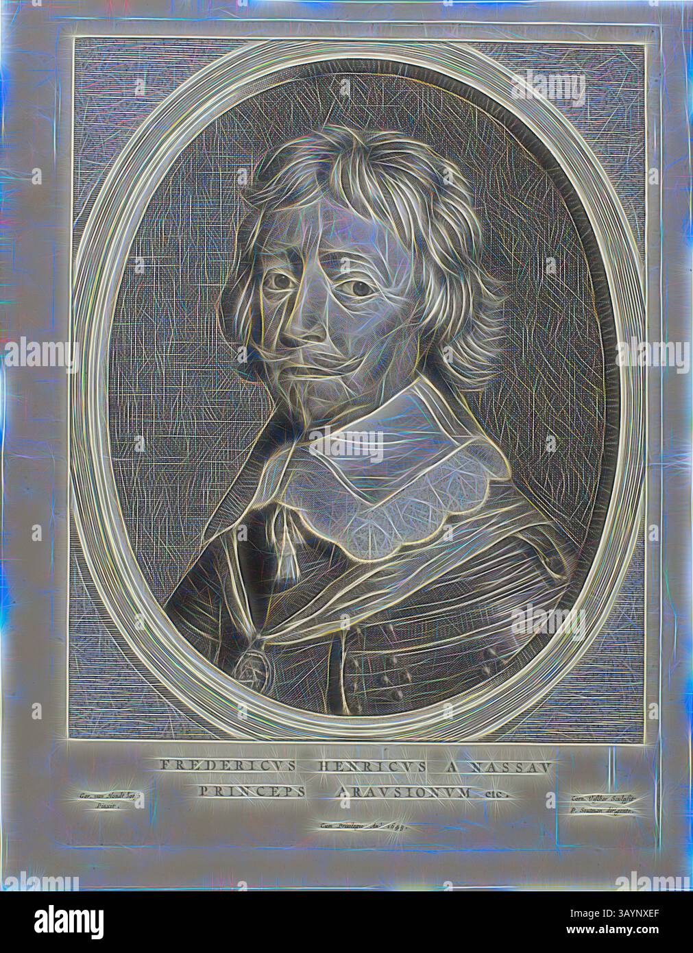 Ein detailreiches Porträt einer historischen Figur mit komplizierten Linien und Texturen, die die Gesichtszüge und die königliche Kleidung der Person hervorheben, eingerahmt von einem kunstvollen Rand. Das Motiv wirkt selbstbewusst, mit einem Kragen verziert und mit einem rätselhaften Ausdruck. Friedrich Heinrich von Nassau, n.d., Cornelis Visscher, der ältere (Niederländisch, ca. 1520-1586), nach Gerrit van Honthorst (Niederländisch, 1590–1656), Holland, Gravur auf Papier Klassische Kunst mit einem modernen Twist, neu interpretiert von Artotop Stockfoto