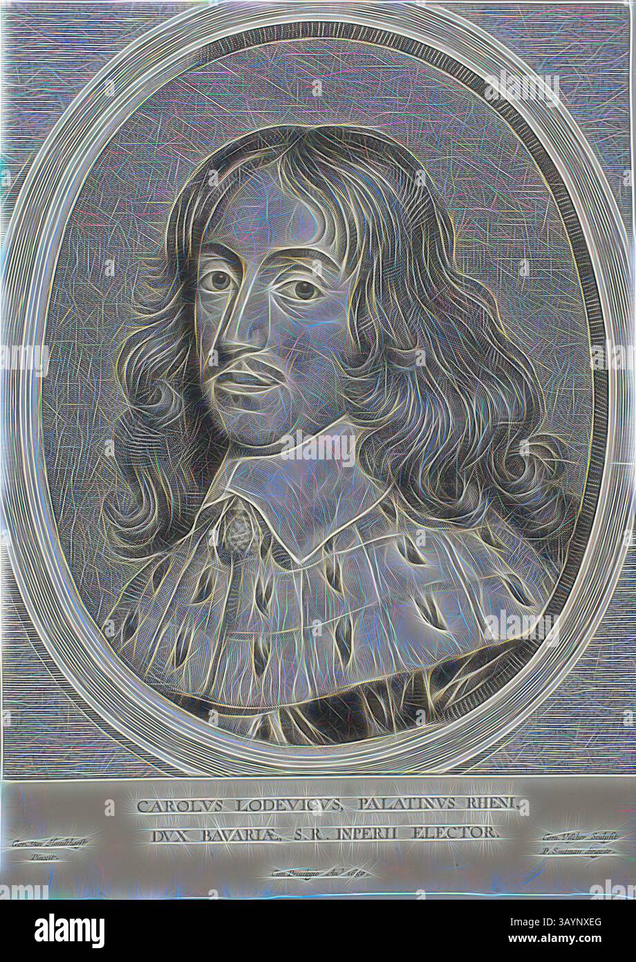 Ein historisches Porträt einer edlen Figur, verziert in aufwendiger Kleidung mit fließenden Haaren, eingerahmt in einer kunstvollen Grenze. Unterhalb der Abbildung finden Sie eine Inschrift mit Namen und Titeln, die auf einen prominenten Status in der Geschichte hinweisen. Herzog Karl Ludwig von der Pfalz, n.d., Cornelis Visscher, der ältere (Niederländisch, um 1520-1586), nach Gerrit van Honthorst (Niederländisch, 1590–1656), Holland, Gravur auf Papier Klassische Kunst mit einem modernen Twist, neu interpretiert von Artotop Stockfoto