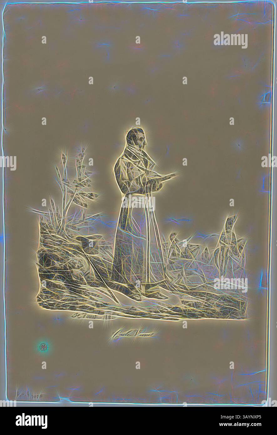 Eine Figur steht in der Nachsicht, hält ein Buch in einer rauen Landschaft, mit schwachen Umrissen von Pflanzen und anderen Figuren, die um sie herum sichtbar sind. Die Szene vermittelt ein Gefühl der Introspektion und Verbindung zur Natur. Porträt von Carle Vernet, stehend und zeichnend, 1818, Horace Vernet, Französisch, 1789-1863, Frankreich, Lithografie in Schwarz auf braunem Webpapier, 223 x 248 mm (Bild), 466 x 315 mm (Blatt) Klassische Kunst mit modernem Twist, neu interpretiert von Artotop Stockfoto