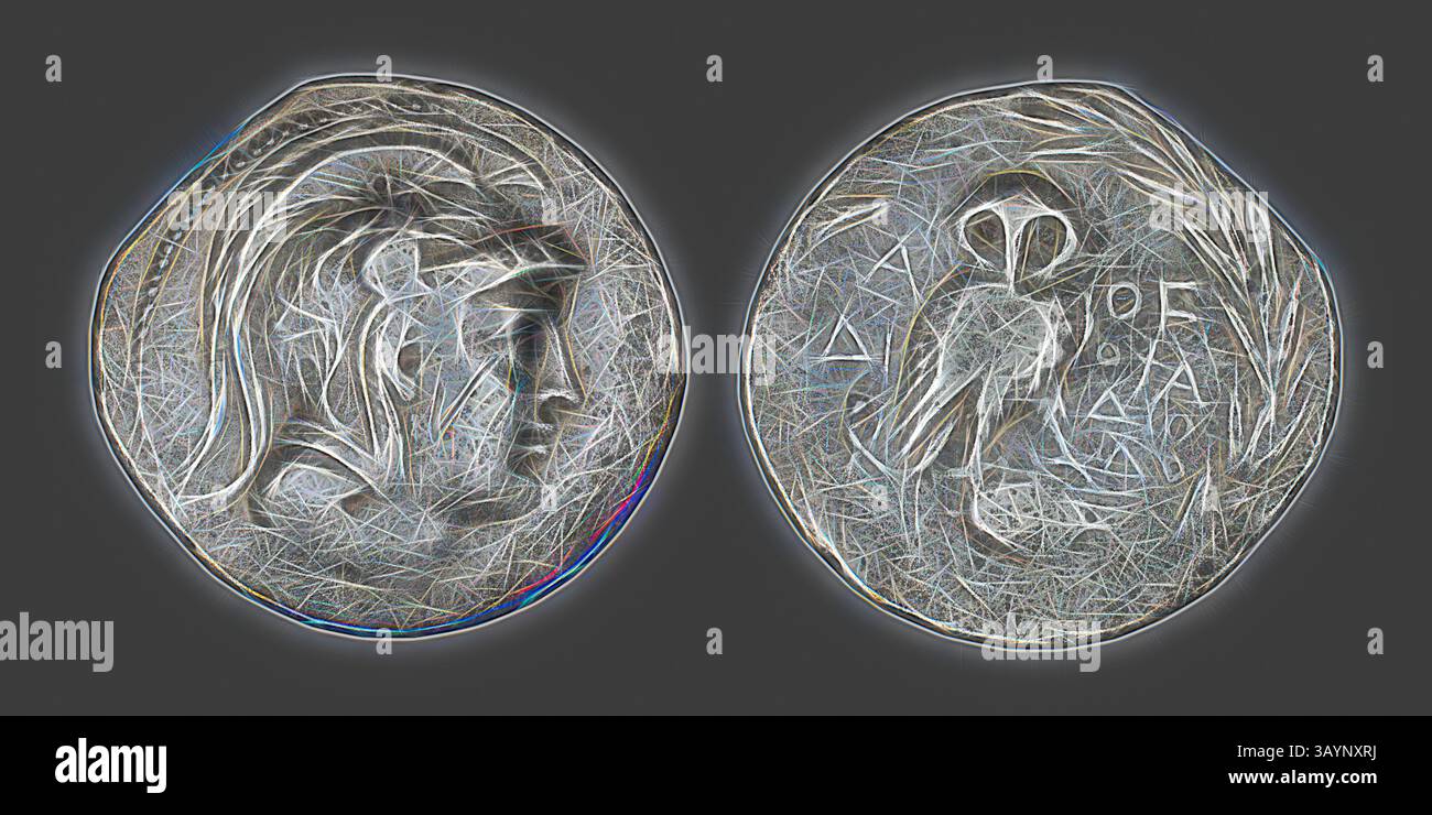 Eine aufwändig gestaltete Münze mit einem Profil eines Kriegers auf der einen Seite und einem emblematischen Vogel sowie geometrischen Mustern auf der anderen Seite, die historische Kunst und Symbolik zeigen. Tetradrachme (Münze) mit der Darstellung der Göttin Athena, 196/187 v. Chr., Griechisch, Athen, Silber, Durchm. 3,6 cm, 16,08 g Klassische Kunst mit modernem Touch, neu interpretiert von Artotop Stockfoto