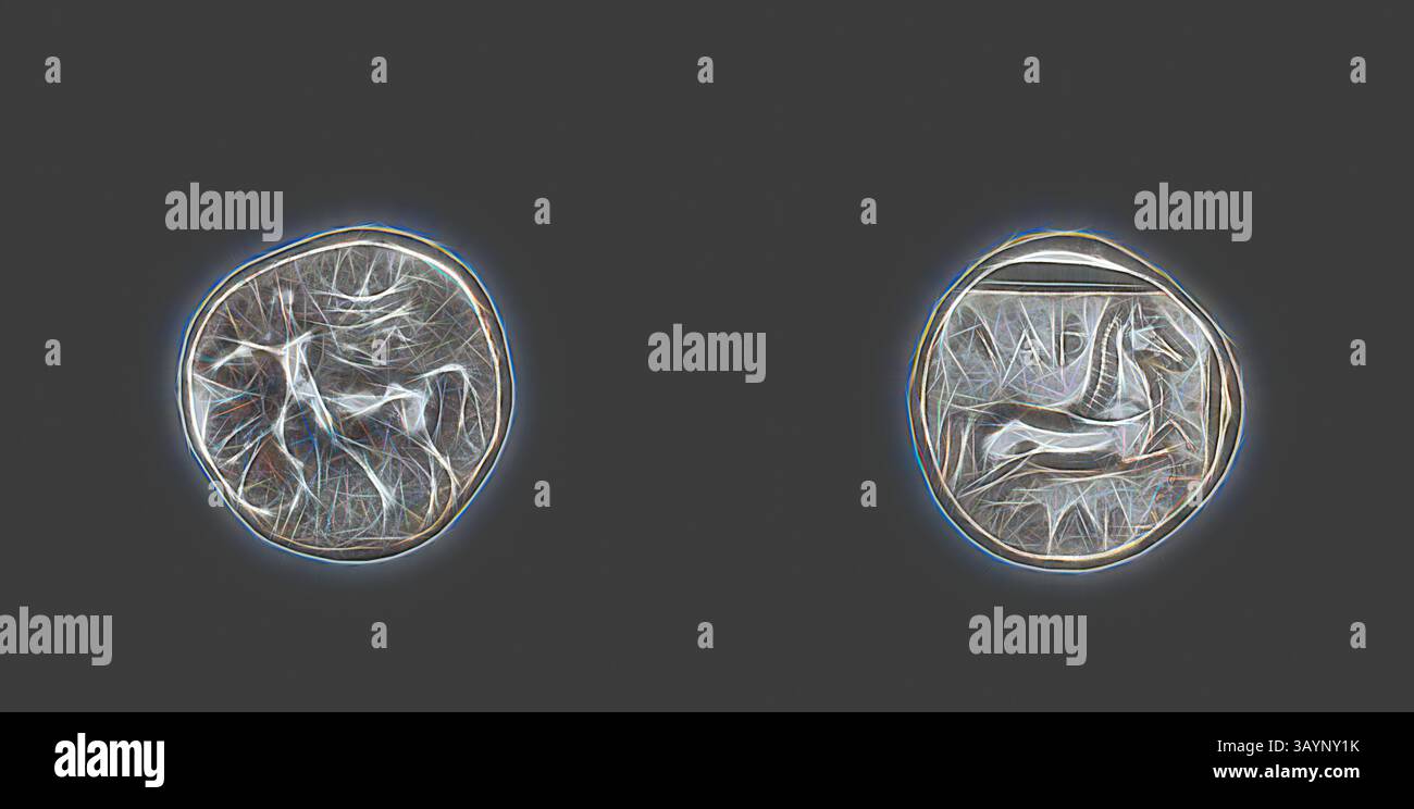 Zwei antike Münzen sind nebeneinander ausgestellt. Die linke Münze zeigt ein kompliziertes Design eines Pferdes, während die rechte Münze ein stilisiertes Bild eines Pferdes und Reiters zeigt. Beide Münzen weisen eine detailreiche Handwerkskunst auf, die ihre historische Bedeutung widerspiegelt. Drachm (Münze) mit Thessalos mit einem Stier, 435/400 v. Chr., Griechisch, Lárisa, Silber, Durchm. 1,9 cm, 6,11 g Klassische Kunst mit modernem Touch, neu interpretiert von Artotop Stockfoto
