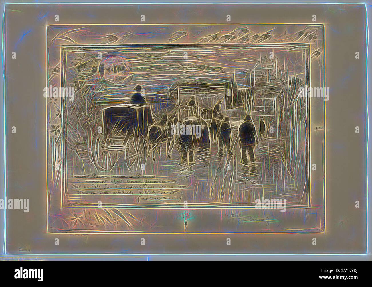 Eine strukturierte Szene mit Figuren, die auf einem gewundenen Pfad spazieren, begleitet von einer Pferdekutsche, vor einem Hintergrund abstrakter Bäume und einem fernen Horizont. Die Komposition weckt ein Gefühl von Bewegung und Nostalgie, mit komplizierten Linien und weichen Mustern. Trauerprozession auf dem Boulevard Clichy, 1887, Félix Hilaire Buhot, Französisch, 1847-1898, Frankreich, Ätzung und Aquatinte, mit Trockenpunkt- und Tellertönung, gefärbt à la poupée in blau und schwarz, mit Handzugaben aus goldfarbener Metallic-Farbe, auf braunem Webpapier, 300 x 402 mm (Bild/Platte), 363 x 523 mm (Blatt) Klassische Kunst mit A Stockfoto