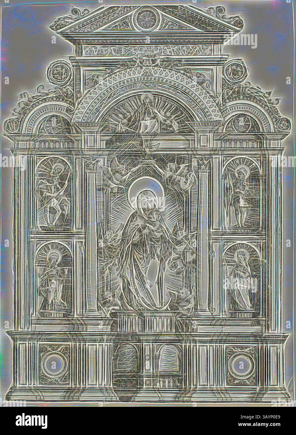 Ein kompliziertes architektonisches Design mit einer zentralen Figur einer ruhigen Frau, umgeben von kunstvollen Säulen und detaillierten Schnitzereien verschiedener Figuren und Muster. Die Komposition zeigt eine Mischung aus religiöser Bildsprache und dekorativen Elementen, die ein Gefühl von Ehrfurcht und Kunstfertigkeit verkörpern. Altaraufsatz mit der schönen Jungfrau von Regensburg und den Heiligen Christoph, Maria Magdalen, Florian und Katharina in Nischen stehend, mit Gott Vater oben, 1519/38, Albrecht Altdorfer, deutsch, ca. 1480-1538, Deutschland, schwarzer Holzschnitt auf cremefarbenem Büttenpapier, 302 x 220 mm (Bild/Block/Blatt) Klassische Kunst mit A Stockfoto