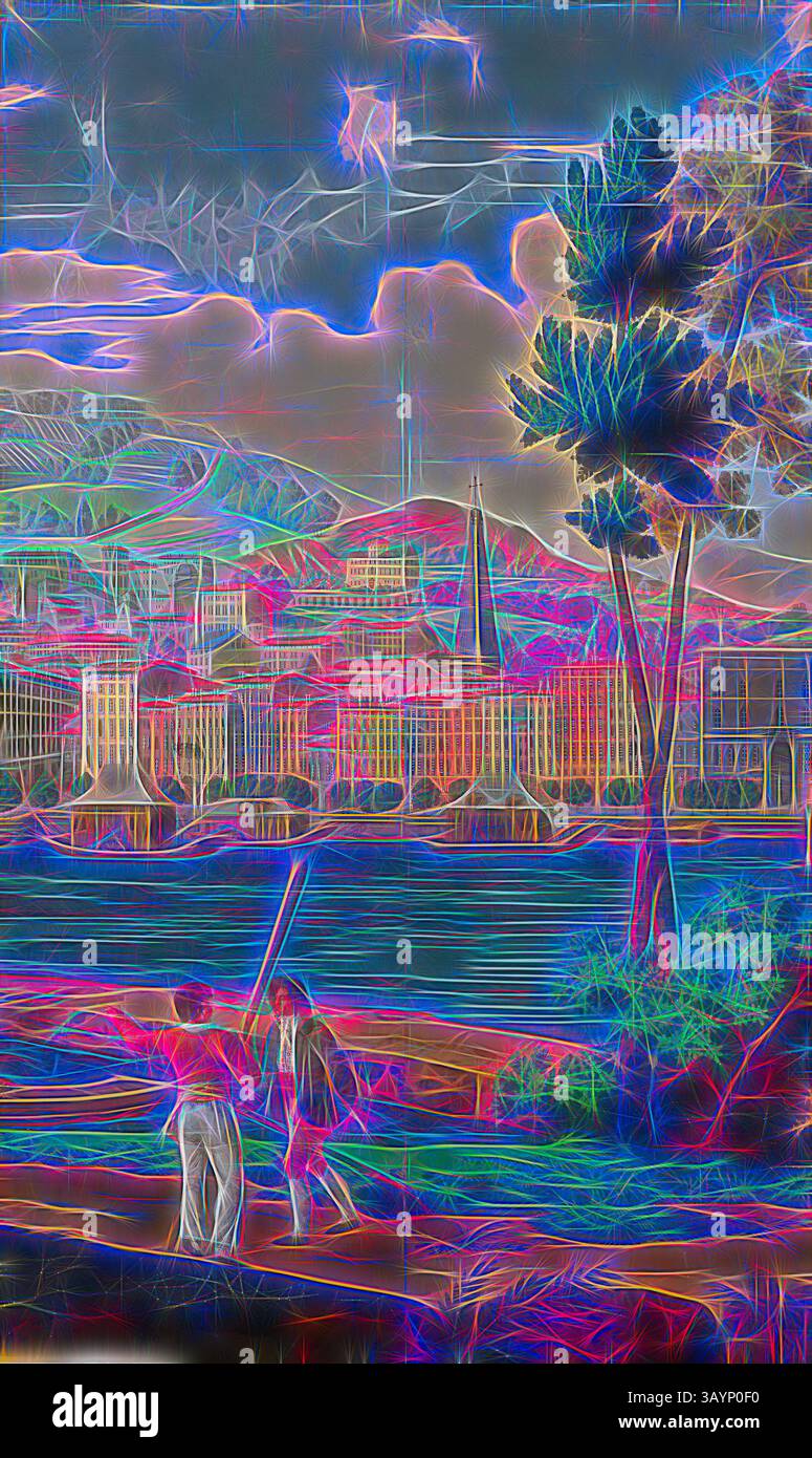 Eine lebendige und surreale Landschaft mit zwei Figuren, die in der Nähe eines glitzernden Wasserwegs spazieren, mit bunten Reflexen und einer Kulisse aus abstrakten Gebäuden und üppigen Bäumen unter einem dramatischen Himmel. Zwei verbundene Panels: The Views of Lyon, erste Ausgabe, 1821, Frankreich, Paris, Frankreich, Blockdruck, Farbe auf Papier, 170,2 x 103,5 cm (67 x 40 3/4 Zoll) Klassische Kunst mit modernem Touch, neu interpretiert von Artotop Stockfoto