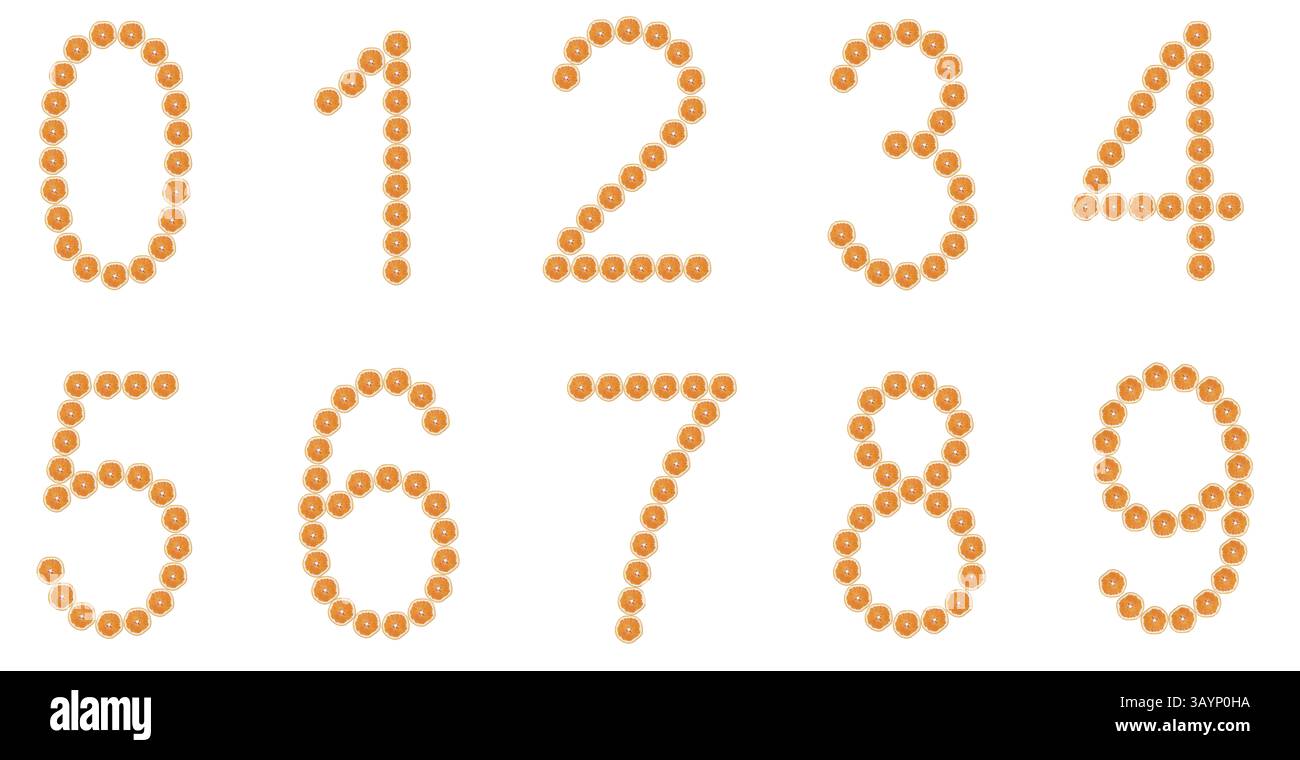 Zahl 0, 1, 2, 3, 4, 5, 6, 7, 8, 9 aus orangefarbenen Schichten isoliert auf weißem Hintergrund Stockfoto