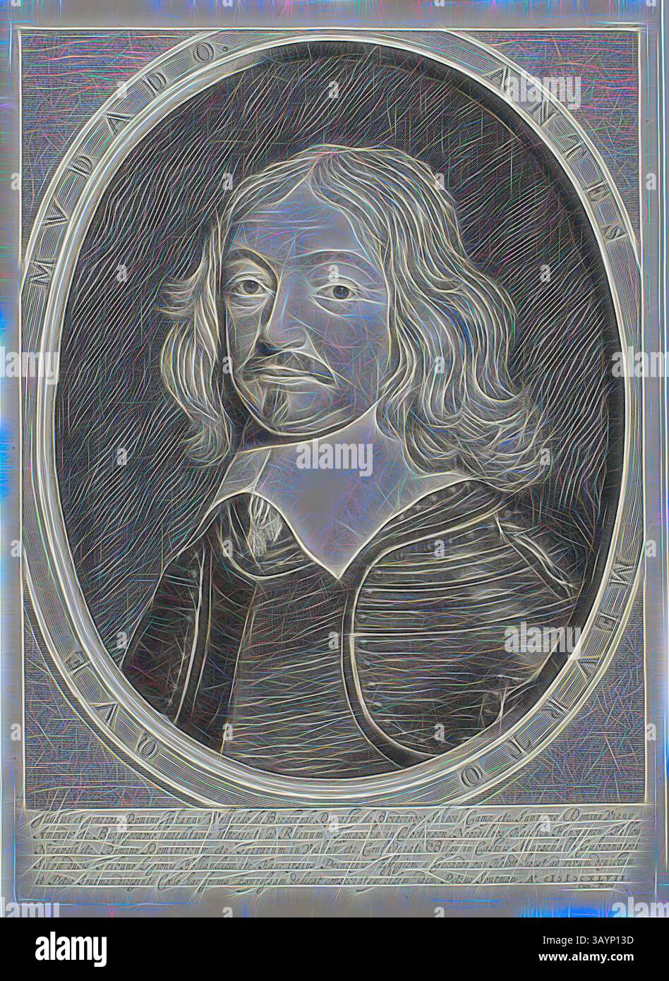 Ein historisches Porträt einer Figur aus dem 17. Jahrhundert mit weichen Gesichtszügen, welligen Haaren und einem markanten Kragen. Der elegante Rahmen unterstreicht den würdevollen Ausdruck des Motivs mit komplizierten Details an den Kanten. Johann Wolfert van Brederode, 1644, Cornelis Visscher, der ältere (Niederländisch, um 1520-86), nach einer Zeichnung von Pieter Claesz. Soutman (Niederländisch, ca. 1580–1657), nach einem Gemälde von Gerrit van Dutch Honthorst (Niederländisch, 1590–1656), Holland, Gravur auf elfenbeinfarbenem Büttenpapier, 409 x 297 mm (Platte), 423 x 311 mm (Blatt) Klassische Kunst mit modernem Twist, neu interpretiert von Artotop Stockfoto