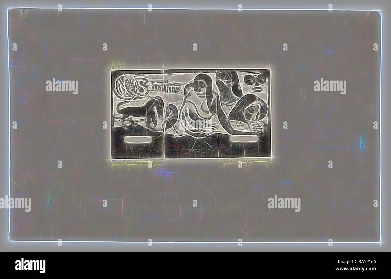 Eine abstrakte Komposition mit fließenden Linien und Kurven, die Figuren zeigt, die miteinander verschmelzen. Das Kunstwerk weckt ein Gefühl von Bewegung und Emotionen, das durch kontrastierende Formen und Texturen hervorgehoben wird. Der Titel „Surviving“ ist subtil in das Design integriert und lädt zum Nachdenken über Belastbarkeit und Vitalität ein. Drei Menschen, eine Maske, ein Fuchs und ein Vogel, Kopfschmuck für Le sourire, 1899, gedruckt und veröffentlicht 1921, Paul Gauguin (Französisch, 1848-1903), gedruckt von Pola Gauguin (Dänisch, geboren Frankreich, 1883-1961), herausgegeben von Christian Cato, Kopenhagen, Frankreich, Holzblockdruck in schwarzer Tinte auf Elfenbein Stockfoto