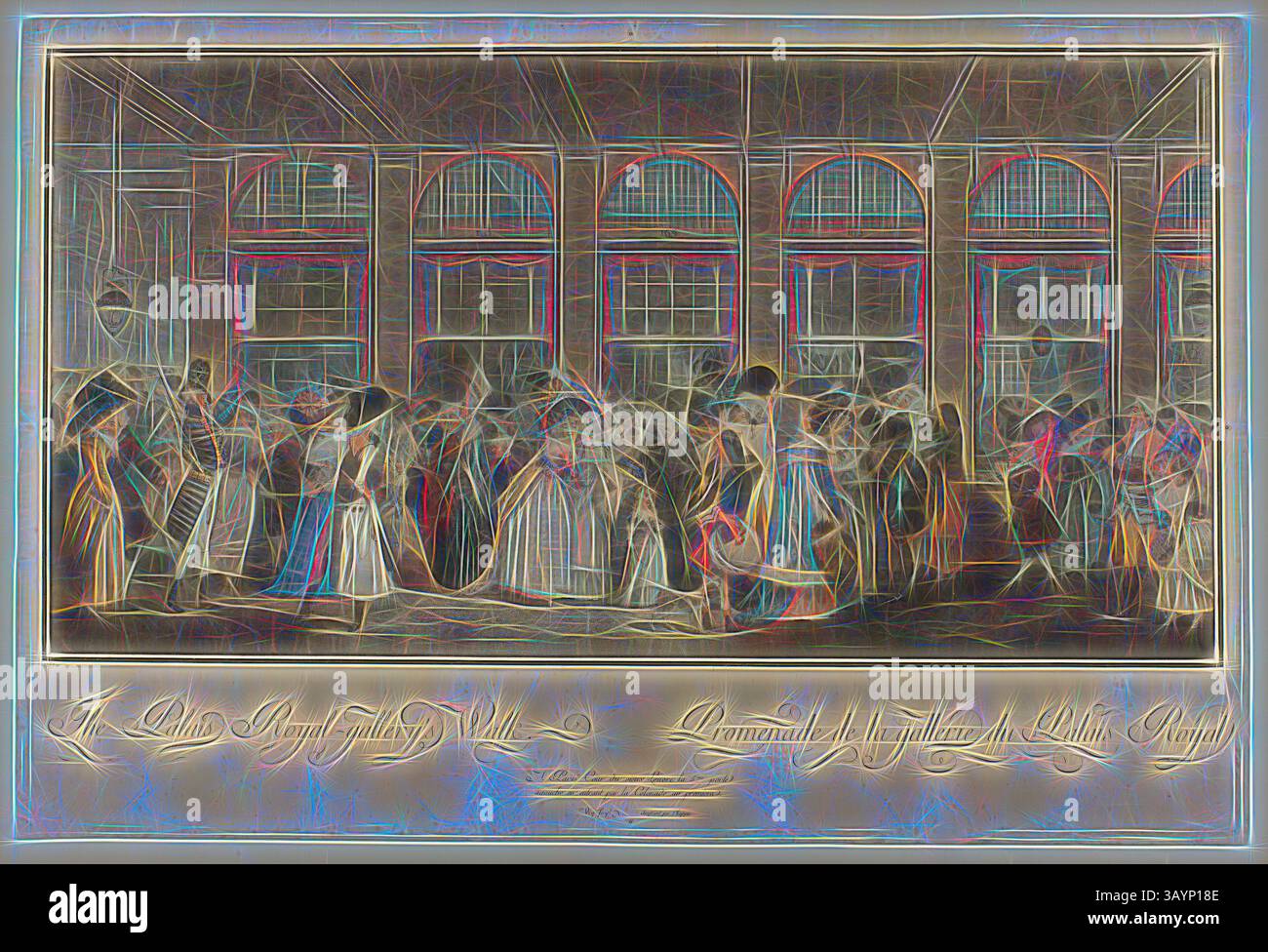 Eine lebhafte Szene, die eine große Versammlung in einem eleganten Interieur darstellt, in der gut gekleidete Personen sich lebhaft unterhalten und Festlichkeiten feiern. Die Architektur verfügt über große Bogenfenster, die die Pracht der Umgebung unterstreichen. The Palais Royal Gallery’s Walk, 1787, Philibert Louis Debucourt, Französisch, 1755-1832, Frankreich, Farbe Aquatint auf Papier, 382 x 570 mm (Platte), 390 x 580 mm (Blatt) Klassische Kunst mit einem modernen Twist, neu interpretiert von Artotop Stockfoto