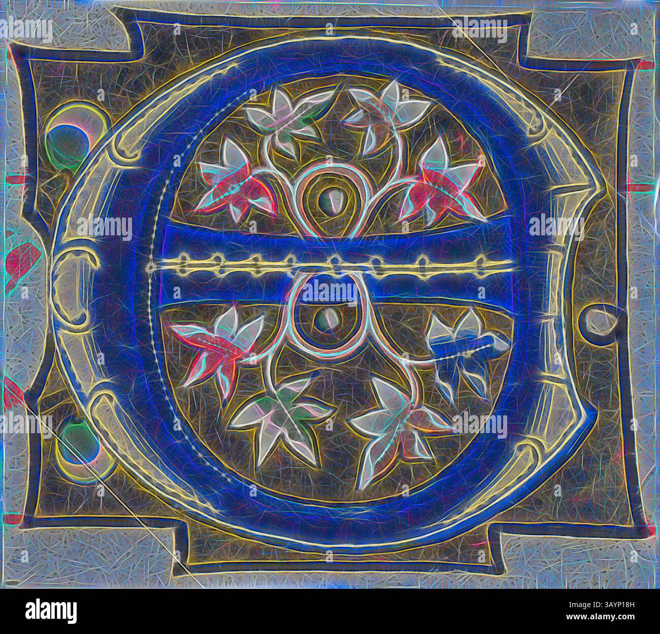 Ein lebendiges und kompliziertes Design mit einem zentralen runden Element, das mit stilisierten Blumen und geometrischen Mustern verziert ist und kräftige Farben mit kunstvollen Details verbindet. Dekoriertes Initial E mit Blumen aus einem Chorbuch, 14. Jahrhundert oder modern, um 1920, europäisch, Europa, Manuskriptschnitt in Tempera und Blattgold auf Pergament, 63 x 71 mm Klassische Kunst mit einem modernen Twist von Artotop neu interpretiert Stockfoto