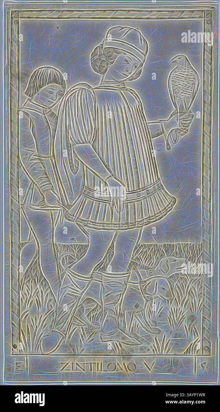 Eine skurrile Illustration zeigt eine Figur, die einen Faltenrock trägt und einen Vogel hält, begleitet von einer anderen Person, die von hinten blickt, vor einem Hintergrund aus Gras und einer subtilen Landschaft. The Gentleman, Plate Five from the Rands and Conditions of Men, ca. 1465, Master of the E-Series Tarocchi, italienisch, aktiv ca. 1465, Italien, Gravur auf elfenbeinfarbenem Webpapier, 178 x 100 mm (Platte), 184 x 104 mm (Blatt) Klassische Kunst mit modernem Twist von Artotop neu interpretiert Stockfoto