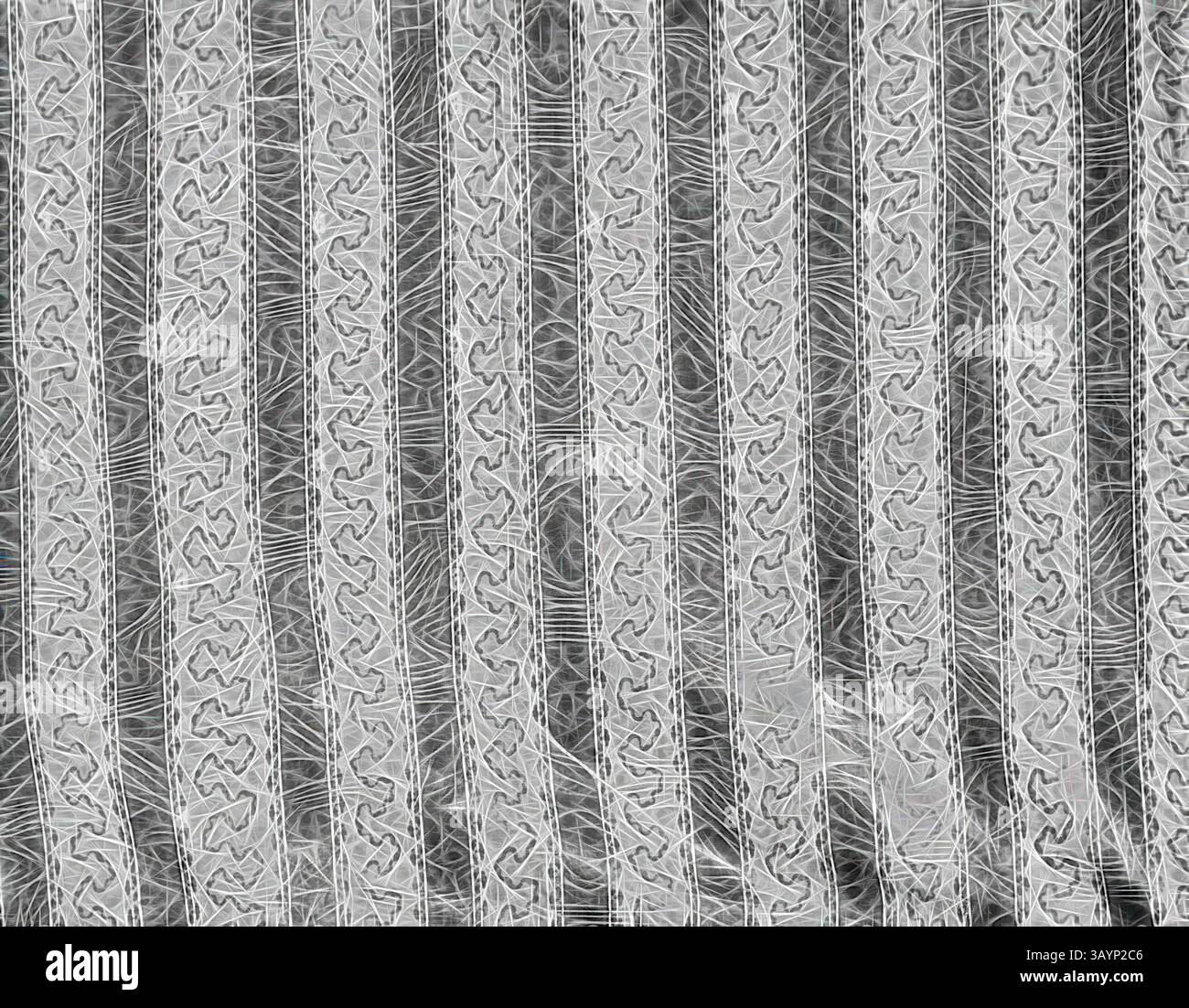 Eine Reihe komplizierter, miteinander verbundener Muster, die ein strukturiertes, abstraktes Design schaffen, das Linien und Tiefe betont. Panel, ca. 1850, England, Baumwolle, Leinwandbindung, bedruckt, 213,4 x 182,9 cm (84 x 72 Zoll) Klassische Kunst mit modernem Touch, neu interpretiert von Artotop Stockfoto