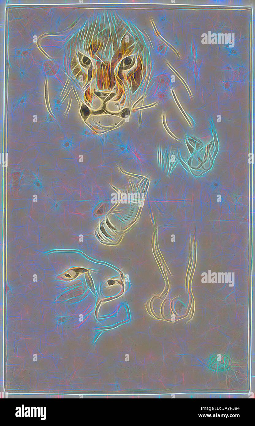 Eine stilisierte Darstellung eines Löwen mit einem ausdrucksstarken Gesicht mit durchdringenden Augen, begleitet von abstrakten Elementen, die Bewegung und Tiefe hervorrufen. Das Design fängt das majestätische Wesen des Tieres auf lebendige, künstlerische Weise ein. Kopf und Klauen der Lions, n.d., Eugène Delacroix, Französisch, 1798-1863, Frankreich, Aquarell und Graphit auf braunem Webpapier, 192 x 123 mm Klassische Kunst mit einem modernen Touch, neu interpretiert von Artotop Stockfoto