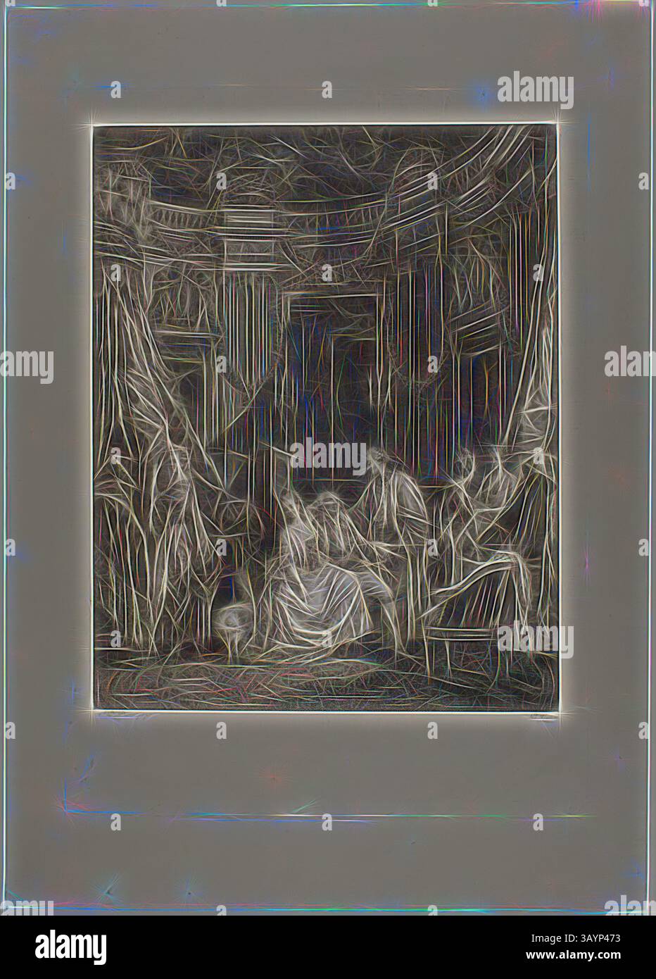 Ein ruhiges Treffen in einem elegant geschmückten Raum, in dem sich die Figuren in ruhiger Atmosphäre unterhalten, umgeben von einer komplizierten Einrichtung und weichen, fließenden Vorhängen. Die Atmosphäre strahlt ein zeitloses Gefühl von Intimität und Reflexion aus. Le Lever de la Mariée, 1781, Philippe Trière (französisch, 1756-c. 1815), nach Jean Démosthène Dugourc (Französisch, 1749–1825), Frankreich, Ätzen und Gravieren in Schwarz auf elfenbeinfarbenem Webpapier, 475 x 340 mm Klassische Kunst mit einem modernen Twist, neu interpretiert von Artotop Stockfoto