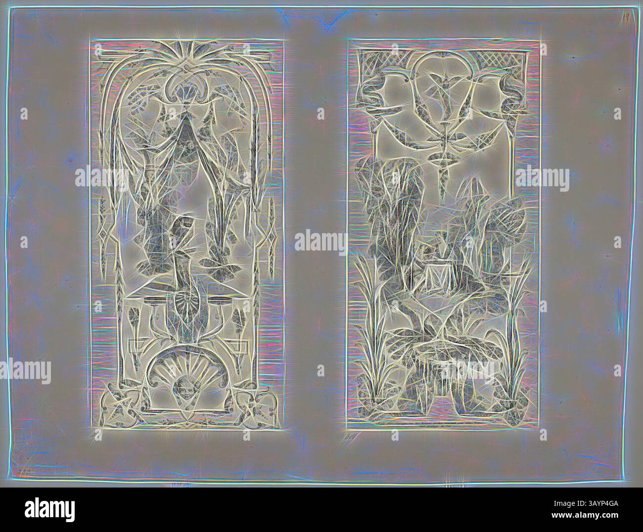 Komplexe Designs zeigen stilisierte Figuren, die mit natürlichen Elementen verflochten sind, mit eleganten Linien und ornamentalen Mustern, die ein Gefühl für Jugendstil-Ästhetik hervorrufen. Die Komposition besteht aus zwei vertikalen Tafeln, die jeweils eine einzigartige Erzählung oder ein Thema durch dekorative Blüten und symbolische Bilder präsentieren. Six Sheets (313 & 314), n.d., Louis Crépy, Jr., Französisch, 18. Jahrhundert, Frankreich, Ätzen auf Papier, 394 x 194 mm (Bilder), 480 x 635 mm (Blatt) Klassische Kunst mit einem modernen Twist, neu interpretiert von Artotop Stockfoto