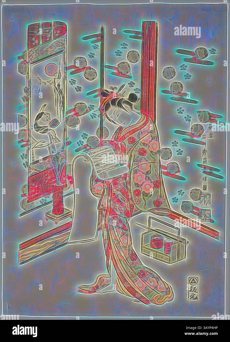 Eine Frau in einem traditionellen Kimono sitzt anmutig, in ihre Lektüre vertieft. Der Hintergrund zeigt zarte Muster von Blumen und runden Objekten, die der Szene einen Hauch von Gelassenheit und kulturellem Reichtum verleihen. Beauty Reading a Letter, ca. 1758, Ishikawa Toyonobu, Japanisch, 1711–1785, Japan, Farbholzschnitt, o-oban, Benizuri-e, 43,4 x 31,2 cm (12 1/8 x 17 Zoll) Klassische Kunst mit modernem Touch, neu interpretiert von Artotop Stockfoto