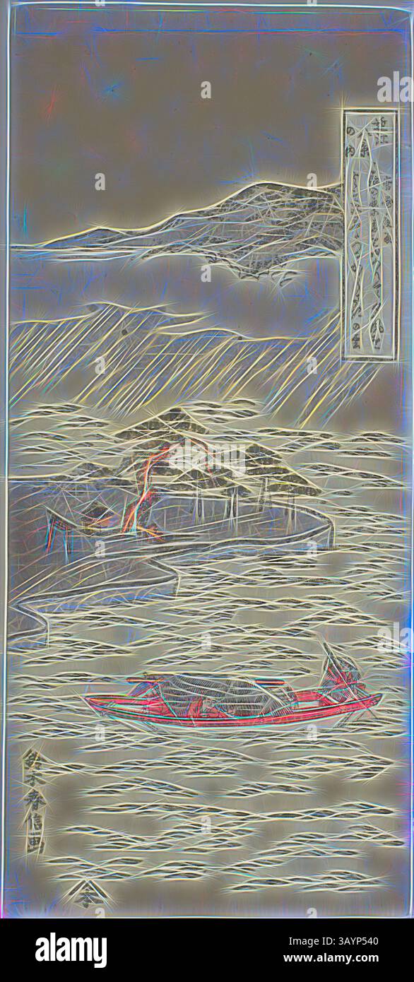 Eine ruhige Landschaft mit einem Boot, das durch ruhiges Wasser gleitet, umgeben von üppigen Hügeln und fernen Bergen. Die Szene wird durch traditionelle Elemente unterstrichen, darunter eine Karte an der Seite, die auf Entdeckungen und Abenteuer hinweist. Night Rain at Karasaki (Karasaki yau), aus der Serie Acht Views of Omi (Omi hakkei no uchi), Anfang der 1760er Jahre, Suzuki Harunobu 鈴木 春信, Japanisch, 1725 (?)-1770, Japan, Farbholzdruck, Hosoban, Benizuri-e, 1/8 x 1/2 Zoll Klassische Kunst mit modernem Touch, neu interpretiert von Artotop Stockfoto Eine ruhige Landschaft mit einem Boot, das durch ruhiges Wasser gleitet, umgeben von üppigen Hügeln und fernen Bergen. Die Szene wird durch traditionelle Elemente unterstrichen, darunter eine Karte an der Seite, die auf Entdeckungen und Abenteuer hinweist. Night Rain at Karasaki (Karasaki yau), aus der Serie Acht Views of Omi (Omi hakkei no uchi), Anfang der 1760er Jahre, Suzuki Harunobu 鈴木 春信, Japanisch, 1725 (?)-1770, Japan, Farbholzdruck, Hosoban, Benizuri-e, 1/8 x 1/2 Zoll Klassische Kunst mit modernem Touch, neu interpretiert von Artotop Stockfoto