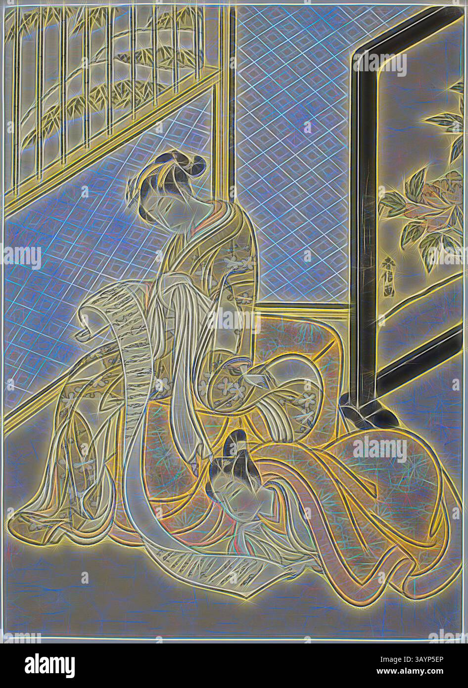 Eine Frau in traditioneller Kleidung sitzt anmutig, vertieft in das Lesen einer Schriftrolle, umgeben von komplizierten Mustern und Texturen, die ein Gefühl von Ruhe und Eleganz hervorrufen. Ein Paar liest einen Brief, ca. 1770, Suzuki Harunobu 鈴木 春信, Japanisch, 1725 (?)-1770, Japan, Farbholzdruck, Chuban, 3/4 x 8 Zoll Klassische Kunst mit modernem Touch, neu interpretiert von Artotop Stockfoto