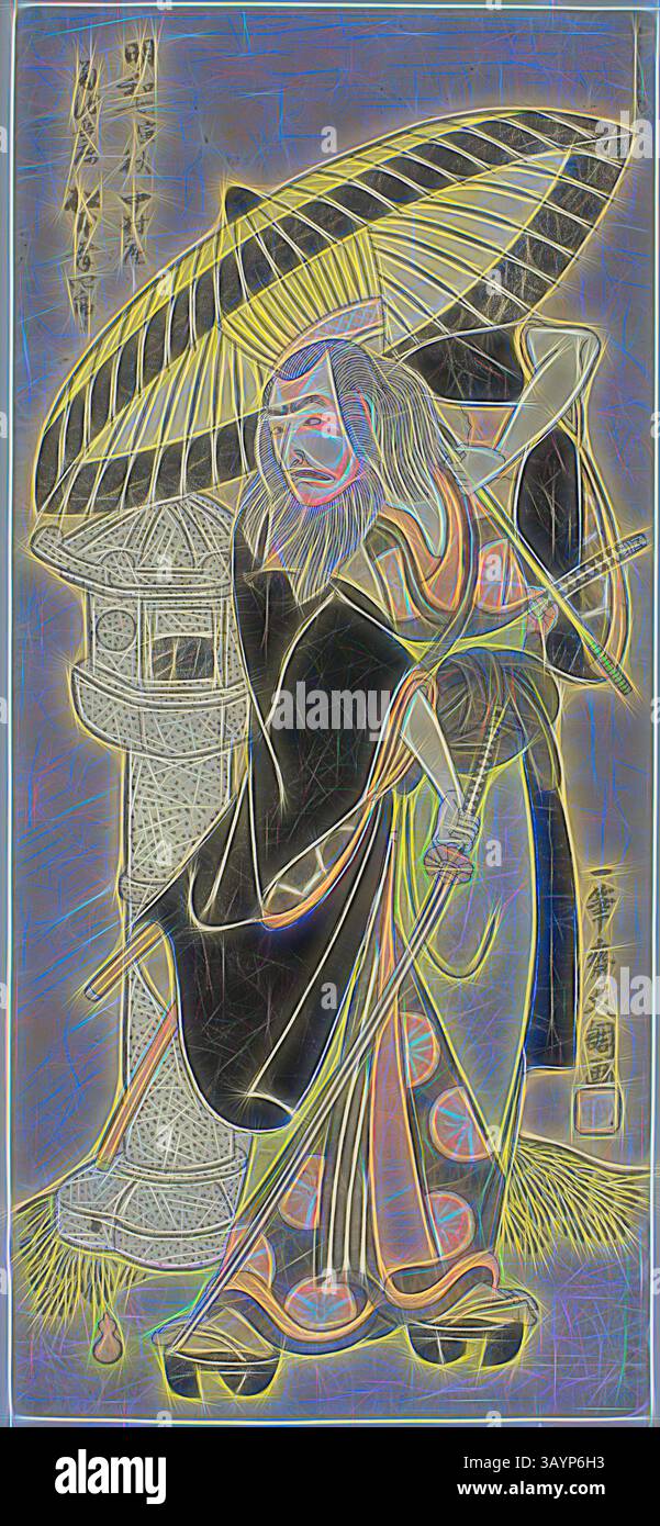 Eine Figur in traditioneller Kleidung trägt einen großen Regenschirm, der neben einer Steinlaterne steht. Die Figur strahlt ein Gefühl von Geheimnis und Eleganz aus, mit komplizierten Details in ihrer Kleidung und einem ruhigen Ausdruck, der auf eine tiefe Geschichte hinweist. Der Schauspieler Matsumoto Koshiro III. Als Kikuchi Hyogo Narikage in dem Stück Katakiuchi Chuko Kagami (Vendetta: Ein Modell der Loyalität und Filialaufgabe), aufgeführt im Nakamura Theater vom 5. Tag des sechsten Monats, 1770, ca. 1770, Ippitsusai Buncho, Japanisch, aktiv ca. 1755-90, Verlag: okumura Genroku, Japan, Farbholzdruck, Hosoban, 31,7 x 14,3 Stockfoto