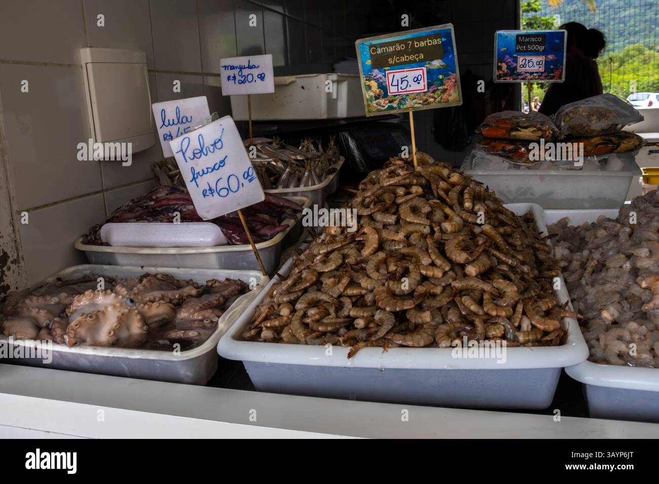 Peruibe, Sao Paulo, Brasilien. Januar 2025, Brasilien. Frische Meeresfrüchte auf einem Fischmarkt in Peruíbe. Verschiedene Garnelen, Tintenfische, Tintenfische und Muscheln Stockfoto