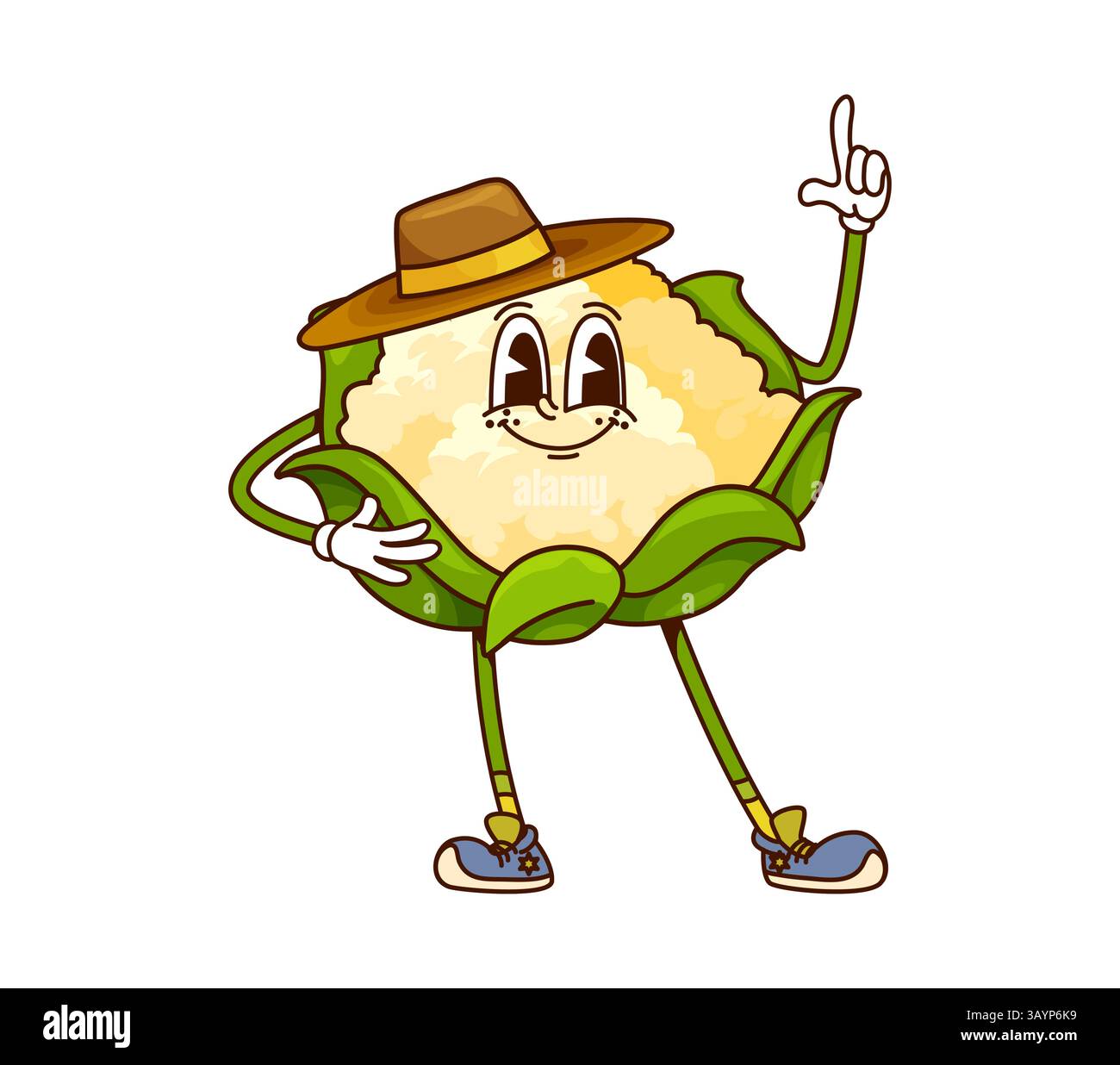 Cartoon grooviger Blumenkohl Cowboy und Bandit Gemüsefigur tragen Retro Cowpuncher Hut, stehen mit dem Finger nach oben und ein freundliches Lächeln. Iso Stock Vektor