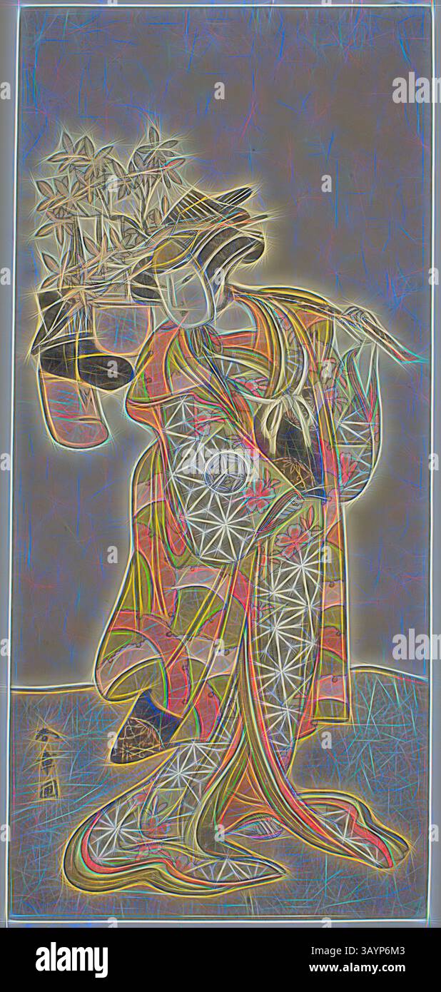 Eine anmutige Figur in einem reich gemusterten Kimono trägt einen Bambuskorb auf dem Kopf, der Eleganz und Tradition verkörpert. Komplizierte Blumenmuster zieren ihr Kleid, während sie einen zarten Vogel sanft in der Hand hält und eine harmonische Verbindung mit der Natur zum Ausdruck bringt. Der Schauspieler Yamashita Kinsaku II als Odai, ein Eboshi (Hut) Verkäufer, in der Play Hana-zumo Genji Hiiki, aufgeführt im Nakamura Theater im Elften Monat, 1775, ca. 1775, Katsukawa Shunsho 勝川 春章, Japanisch, 1726-1792, Japan, Farbholzdruck, Hosoban, 32,8 x 14,8 cm (12 15/16 x 5 13/16 Zoll) Klassische Kunst mit modernem Touch Stockfoto