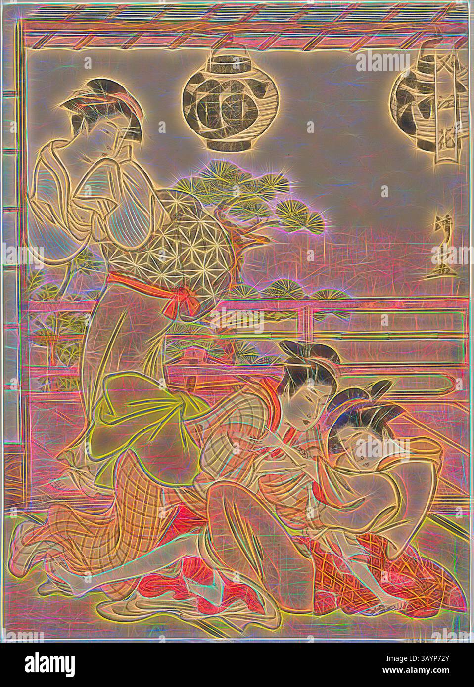 Eine lebendige Szene zeigt traditionelle Figuren, die an einem lebhaften Sommerfest teilnehmen und mit komplizierten Kimonos verziert sind. Laternen beleuchten den Abend, während der fröhliche Ausdruck ein Gefühl von Kameradschaft und Feier vermittelt. Sie sind von üppigem Laub umgeben und schaffen ein malerisches Ambiente aus kultureller Harmonie und Festlichkeit. Zwei Geisha kämpfen um einen Brief (Fumi no arasoi), aus der Serie Blumen von Nakasu (Nakasu no hana), um 1781, Torii Kiyonaga, Japanisch, 1752-1815, Japan, Farbholzdruck, Chuban, 25,7 x 18,8 cm Klassische Kunst mit modernem Touch, neu interpretiert von Artotop Stockfoto