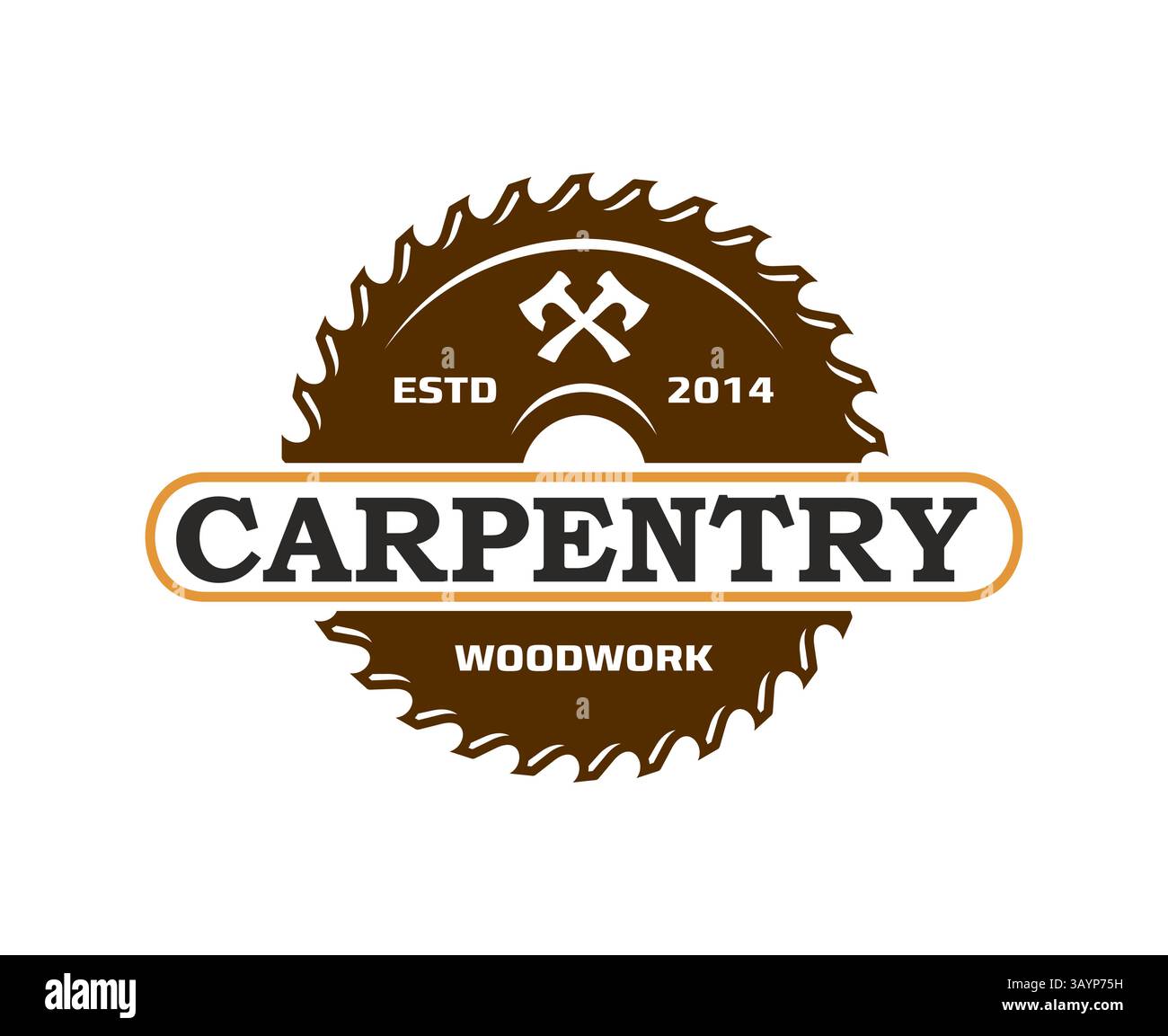 Tischlerei Holzarbeiten Symbol von Sägeblatt und Äxten, Vektor Tischlerei Werkstatt Emblem. Tischlerei- und Handwerker-Ikone des Kreissägeblattes mit cros Stock Vektor