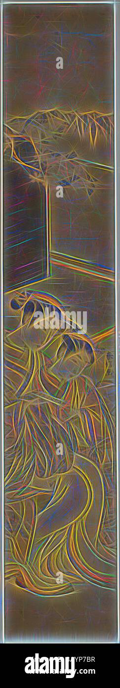 Eine stilisierte Darstellung einer ruhigen Landschaft mit sanften Hügeln, sanften Wellen und abstrakten Figuren, die alle mit fließenden Linien verflochten sind, die ein Gefühl von Bewegung und Ruhe schaffen. The Love Letter, ca. 1769, Suzuki Harunobu 鈴木 春信, Japanisch, 1725 (?)-1770, Japan, Farbholzdruck, Hashira-e, 28 x 7/8 Zoll Klassische Kunst mit modernem Touch, neu interpretiert von Artotop Stockfoto