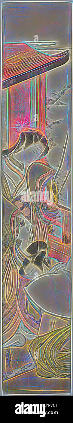 Eine stilisierte Darstellung einer traditionellen Szene mit einer Figur in eleganter Kleidung, die einen Ventilator hält, umgeben von komplizierten Mustern und fließenden Linien, die ein Gefühl von Anmut und kultureller Kunst wecken. Junge Frau in Gerichtsbekleidung, die Brief von kniendem Mann erhält, um 1772, Isoda Koryusai, Japanisch, 1735-1790, Japan, Farbholzdruck, Hashira-e, 66 x 11,9 cm (26 x 4 1/2 Zoll) Klassische Kunst mit modernem Touch, neu interpretiert von Artotop Stockfoto