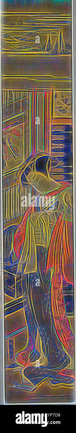 In einem Raum steht eine stilisierte Figur, die mit lebhaften Gewändern überzogen ist, mit einer Kulisse, die eine Küstenszene und verschiedene Objekte darstellt, die ein Gefühl künstlerischen Ausdrucks und Besinnung wecken. Die Kurtisane Kaoru von Chojiya blickt hinunter auf einen Liebesbrief auf dem Boden, ca. 1773/75, Isoda Koryusai, Japanisch, 1735-1790, Japan, Farbholzdruck, Hashira-e, 3/8 x 5/8 Zoll Klassische Kunst mit modernem Touch, neu interpretiert von Artotop Stockfoto