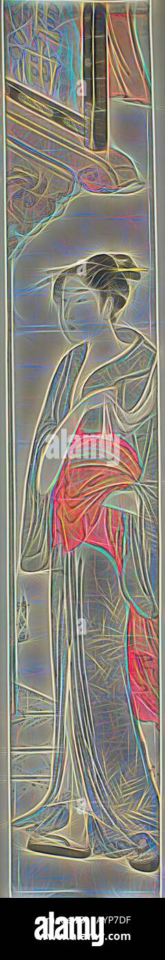 Eine anmutige Figur in traditioneller Kleidung steht ruhig und hält ein leuchtendes rotes Kleid in ihrer Nähe. Die komplizierten Details der Kleidung und die elegante Haltung vermitteln ein Gefühl zeitloser Schönheit und kultureller Erbes. Die umgebenden Elemente deuten auf eine ruhige Umgebung hin und verbessern die Atmosphäre insgesamt. Woman Walking Under a Store Sign, ca. 1784, Torii Kiyonaga, Japanisch, 1752-1815, Japan, Farbholzdruck, Hashira-e, 71,2 x 11,7 cm Klassische Kunst mit modernem Touch, neu interpretiert von Artotop Stockfoto