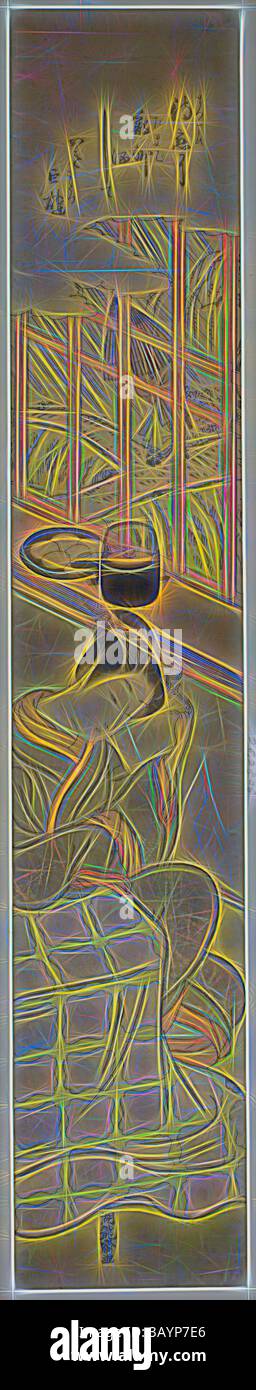 Eine stilisierte Darstellung mit einer abstrakten Anordnung von Formen und Linien, mit einem Glas auf einem Tisch neben fließenden Designs, die eine natürliche Umgebung suggerieren, die möglicherweise auf Bäume und eine ruhige Atmosphäre hinweist. Warten auf ihren Liebhaber, ca. 1770/71, Isoda Koryusai, Japanisch, 1735-1790, Japan, Farbholzdruck, Hashira-e, 27 x 1/2 Zoll Klassische Kunst mit modernem Touch, neu interpretiert von Artotop Stockfoto