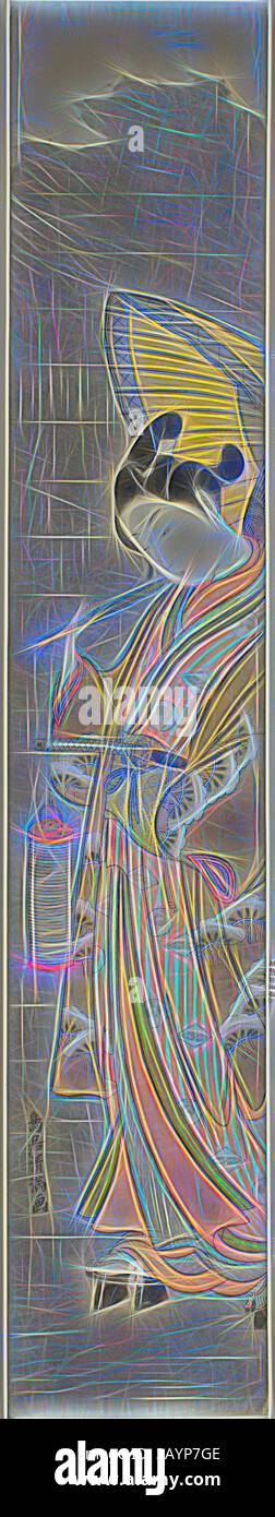 Eine stilisierte Figur in traditioneller Kleidung mit komplizierten Mustern und leuchtenden Farben vor einem strukturierten Hintergrund. Die Merkmale der Figur sind betont und sorgen für ein Gefühl von Bewegung und Anmut, während eine auffällige Mütze für ein unverwechselbares Flair sorgt. Junger Mann mit Schirm und Laterne, um 1769, Torii Kiyomitsu I, Japanisch, 1735-1785, Japan, Farbholzdruck, Hashira-e, 71,1 x 14,0 cm (28 x 5 1/2 Zoll) Klassische Kunst mit modernem Touch, neu interpretiert von Artotop Stockfoto