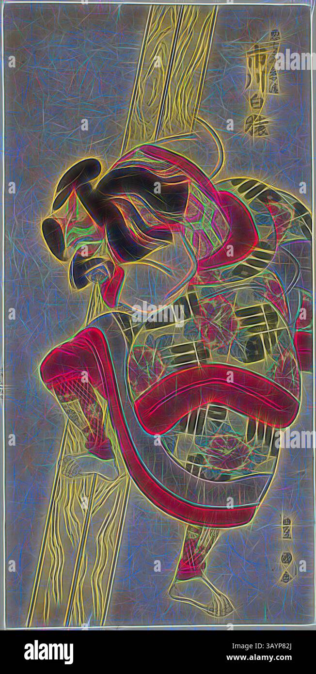Eine stilisierte Figur klettert anmutig auf eine Stange, die mit lebendiger, komplizierter Kleidung verziert ist. Die dynamische Haltung und das fließende Haar vermitteln ein Gefühl der Bewegung, während dekorative Muster und Farben der Szene Tiefe und Energie verleihen. Der Schauspieler Ichikawa Hakuen als Akushichibyoe Kagekiyo in dem Stück Hatsumonbi Yosooi Soga, aufgeführt am Kawarazaki Theater im ersten Monat, 1802, 1802, Utagawa Toyokuni i 初代 歌川 豊国, Japanisch, 1769–1825, Japan, Farbholzdruck, 3/4 x 3/4 Zoll Klassische Kunst mit modernem Touch, neu interpretiert von Artotop Stockfoto