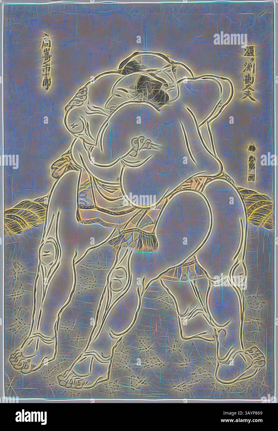 Zwei Sumo-Wrestler nehmen eine enge, mächtige Umarmung ein, ihre starken Formen zeigen die Intensität ihres Kampfes. Der Hintergrund ist mit stilisierten Mustern und Texten versehen, die an eine traditionelle kulturelle Umgebung erinnern und die reiche Geschichte des Sports hervorheben. Die Sumo Wrestler Uzugafuchi Kandayu und Takasaki Ichijuro, 1783–84, Katsushika Hokusai 葛飾 北斎, Japanisch, 1760–1849, Japan, Farbholzdruck, Aiban, 32,7 x 22,5 cm Klassische Kunst mit modernem Touch, neu interpretiert von Artotop Stockfoto