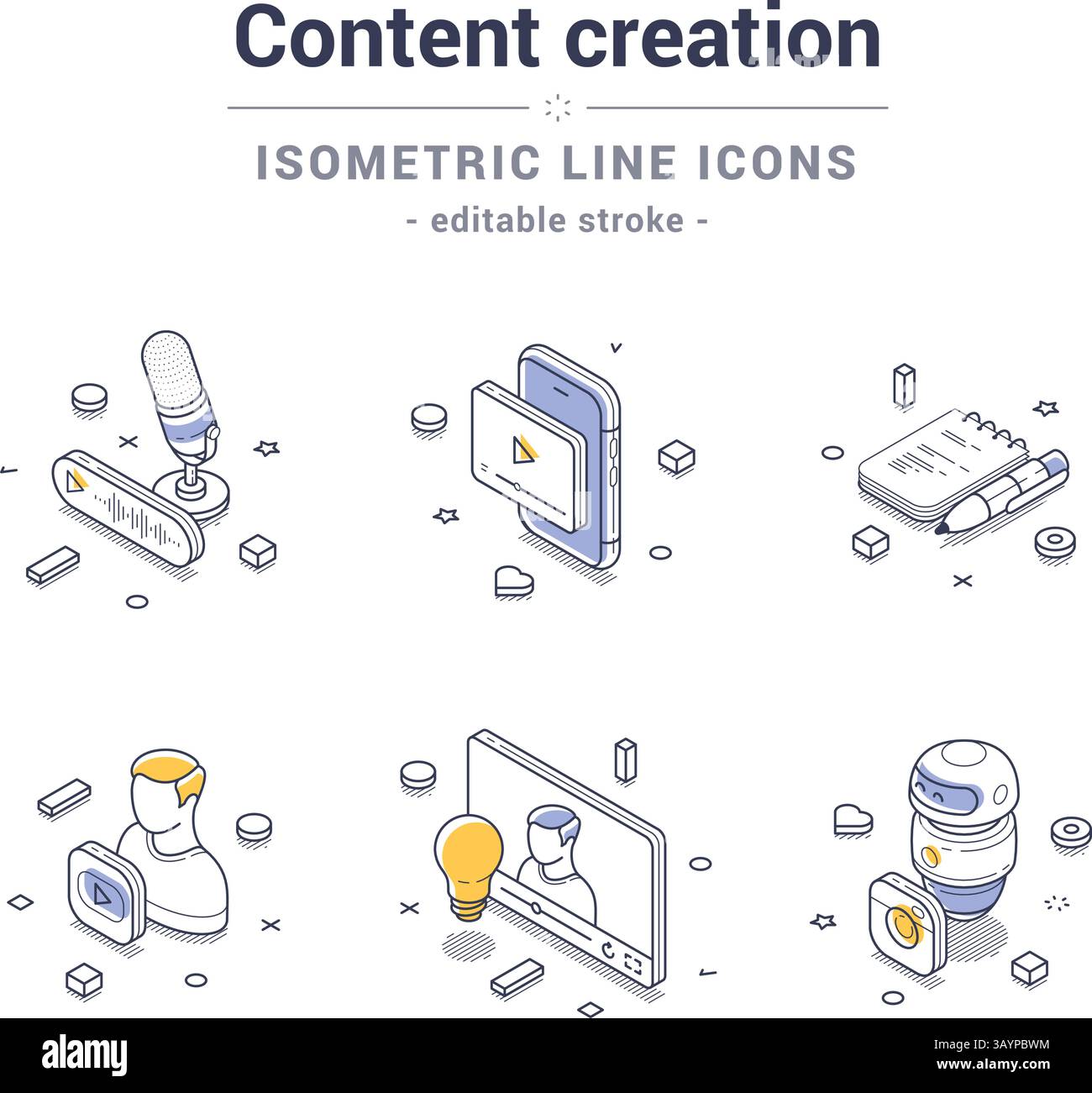 Sammlung isometrischer Liniensymbole, die verschiedene Aspekte der Inhaltserstellung darstellen, einschließlich Tools wie Mikrofone, Kameras und Bearbeitungssoftware. Stock Vektor