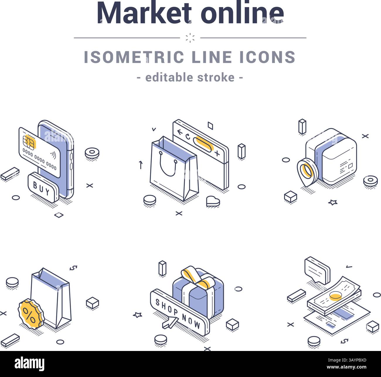 Satz isometrischer Liniensymbole, die verschiedene Aspekte des Online-Marketings und -Einkaufs veranschaulichen. Umfasst Einkaufstaschen, Zahlungsmethoden und Werbeartikel Stock Vektor