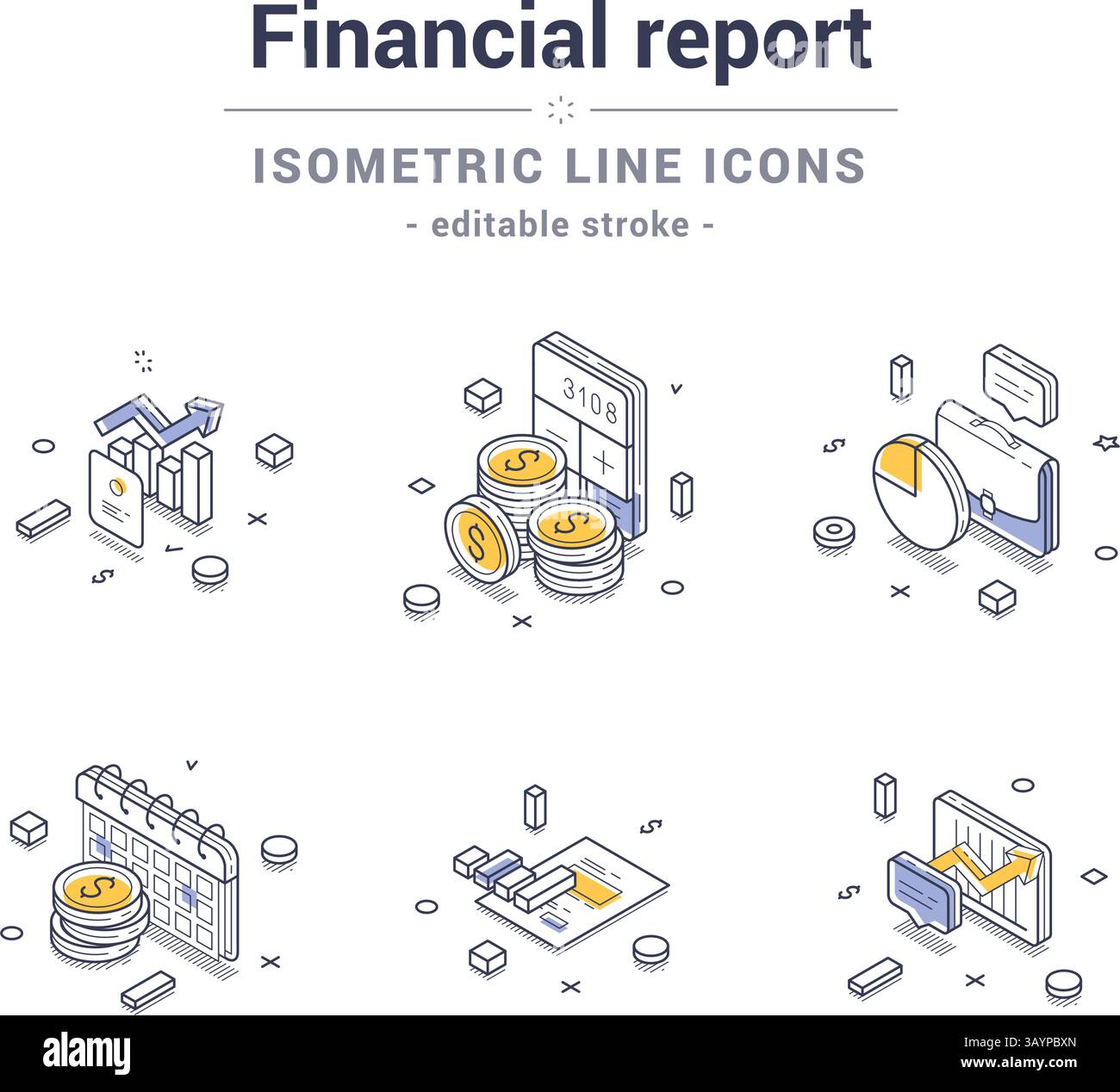 Isometrische Liniensymbole, die wesentliche Elemente eines Finanzberichts darstellen, einschließlich Diagrammen, Münzen, Kalendern und Diagrammen. Moderne Vektorabbildungen s Stock Vektor