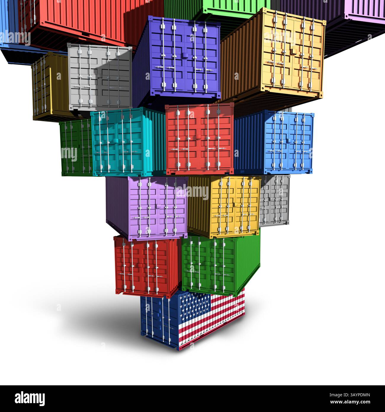 US-Handelsdruck und weltwirtschaftlicher Stress als Handelskrieg der Vereinigten staaten oder amerikanische Zölle auf Welthandelspartner als Frachtcontainer Stockfoto