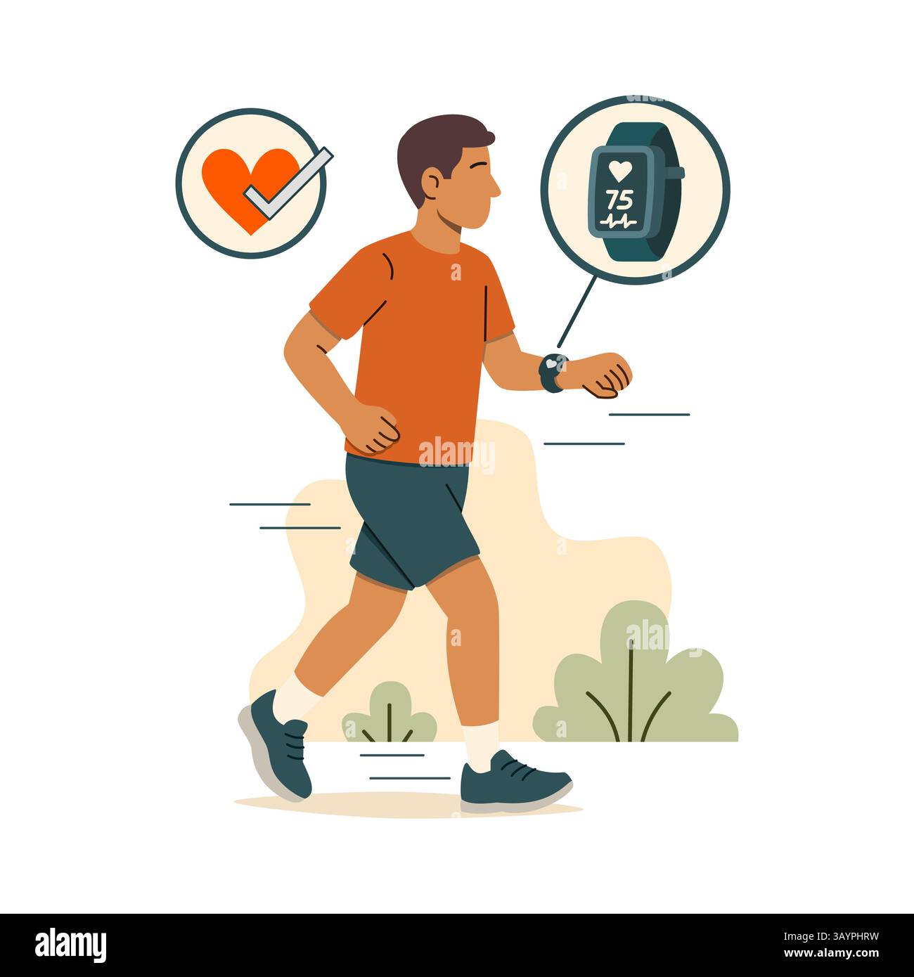 Vektor-Illustration eines Mannes, der beim Gehen einer Smartwatch zum Aufzeichnen von Herzfrequenz und Fitnessaktivität läuft. Moderne tragbare Technologie für gesundes Leben Stock Vektor