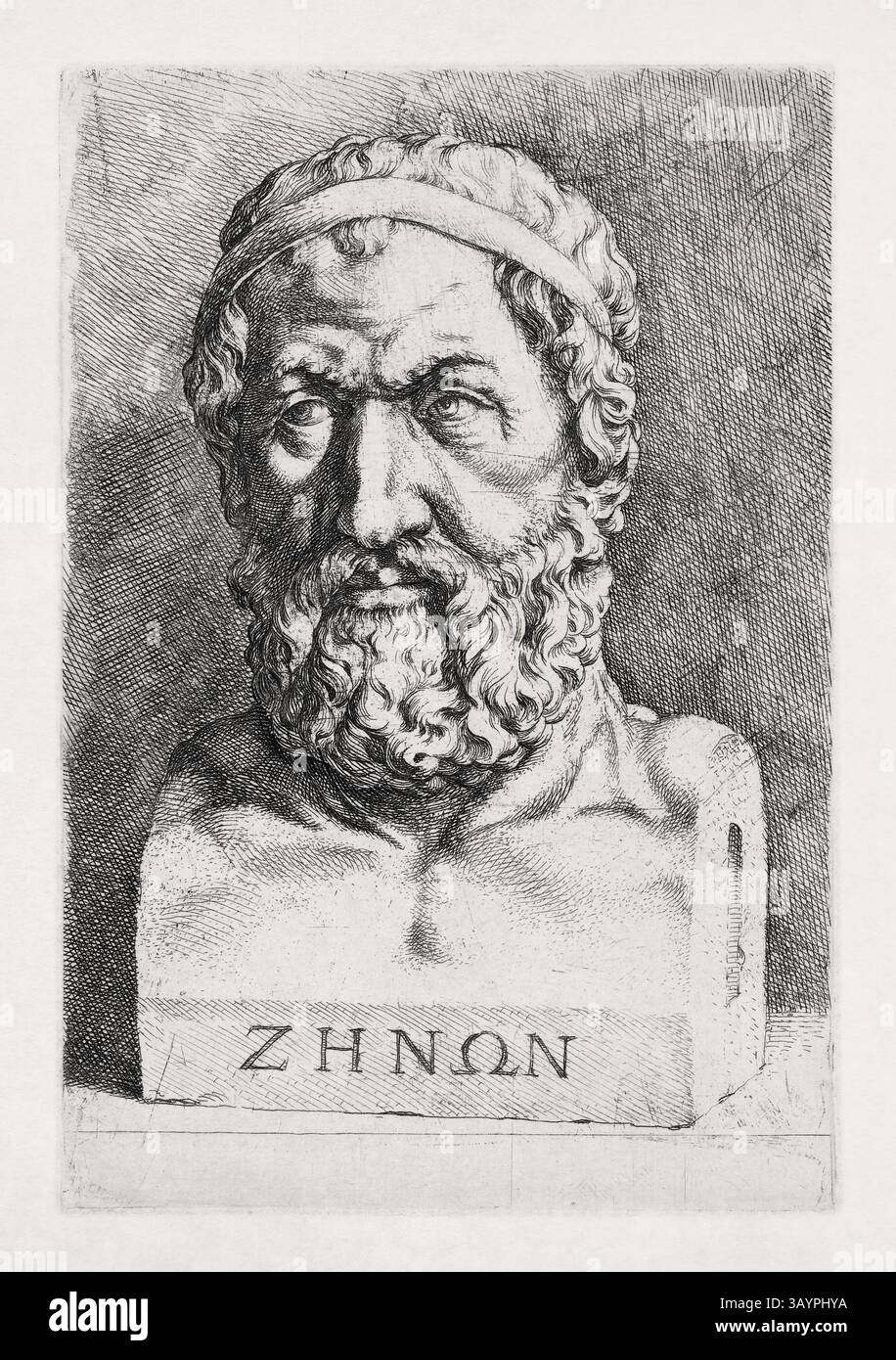 Gravur des Porträts des griechischen Philosophen Zeno von Elea aus dem 17. Jahrhundert von Jan de Bisschop. Stockfoto
