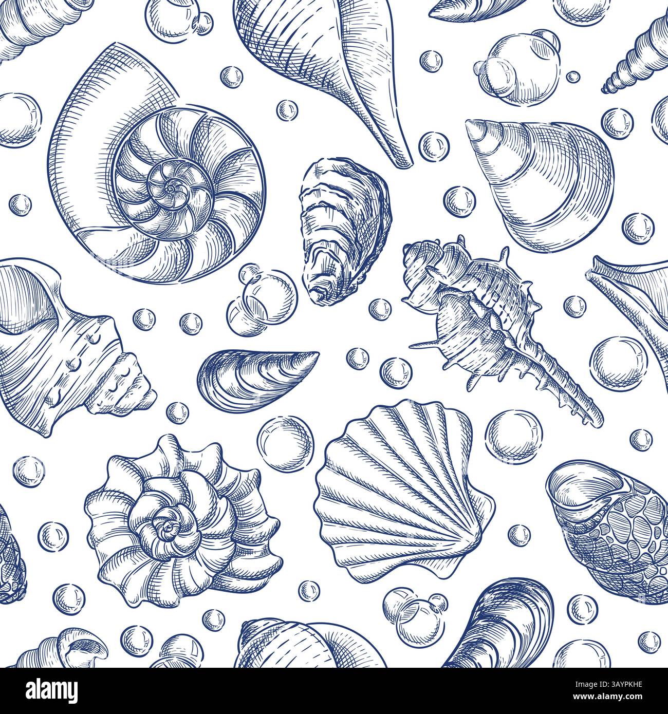 Blaue Muscheln und Blasen auf weißem Hintergrund. Nahtloses Muster für Reisen im Sommer. Vektor Hand gezeichnete Skizze Illustration von Muscheln. Tropische Mode Stock Vektor